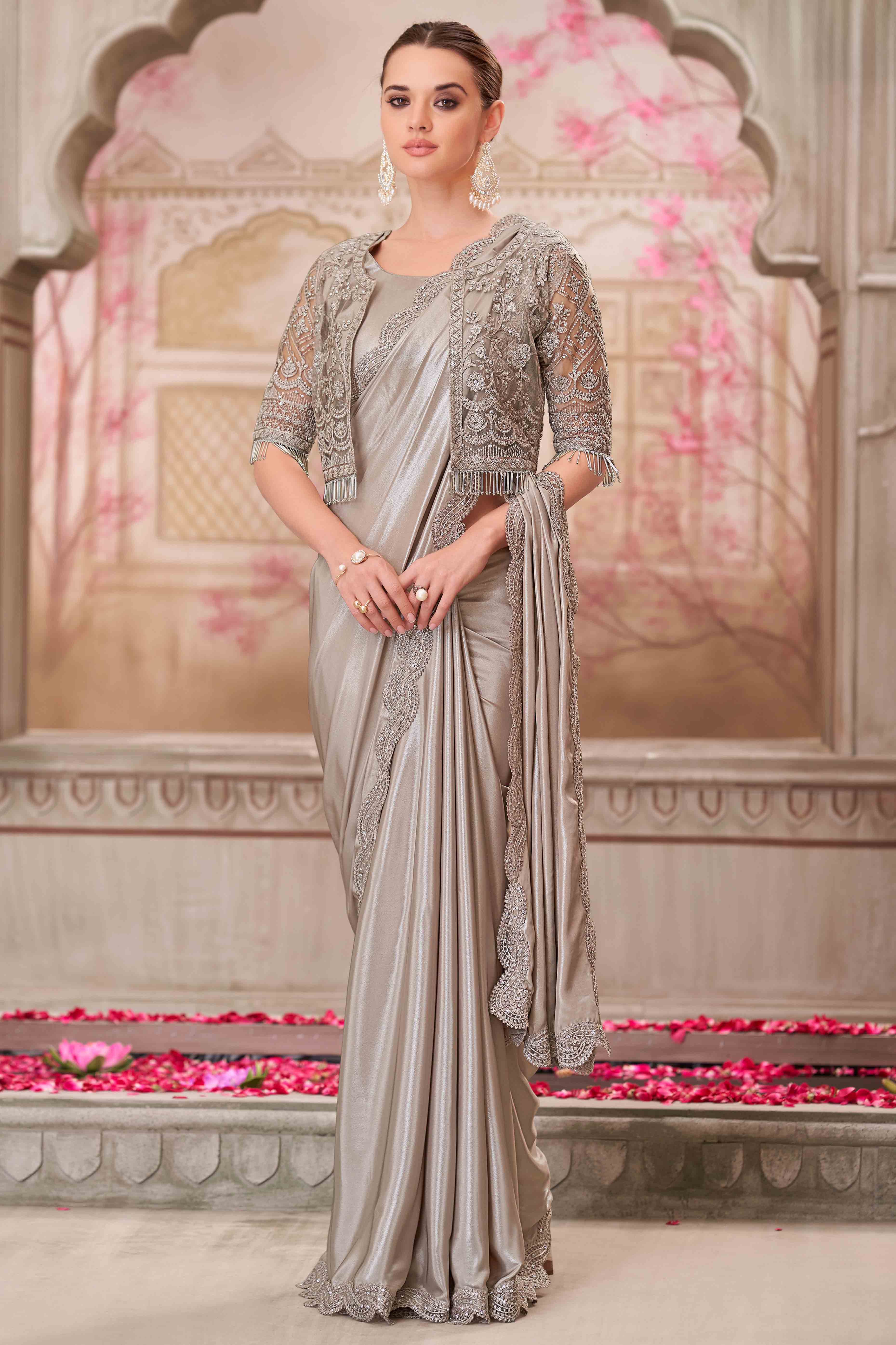 Glamorous Grey Satin Saree with Intricate Sequin & Floral Work