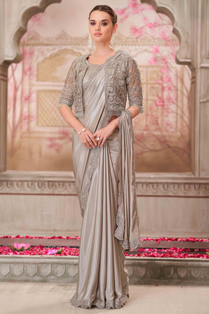 Glamorous Grey Satin Saree with Intricate Sequin & Floral Work