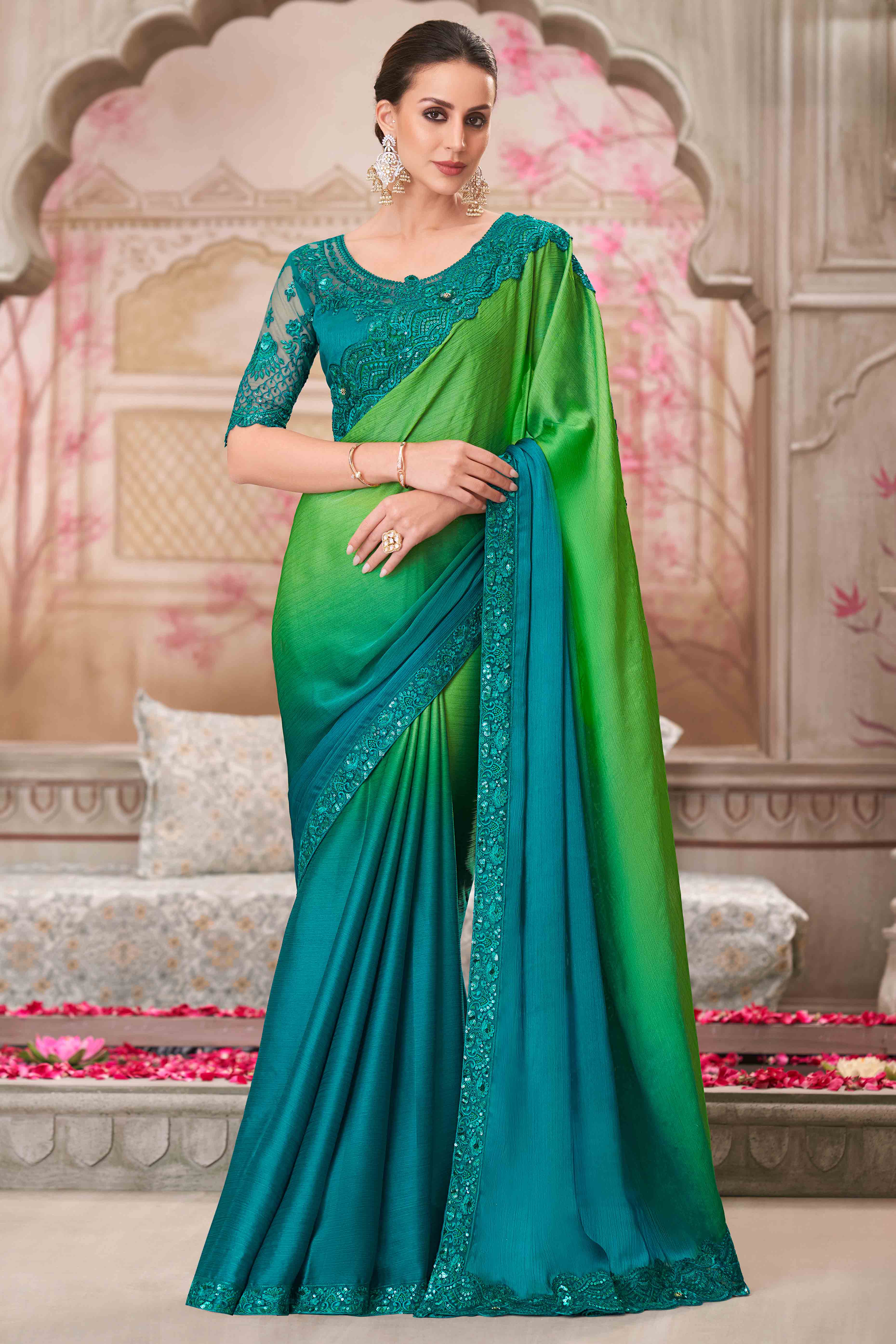 Radiant Green & Teal Chiffon Saree with Delicate Floral & Sequin Embellishments