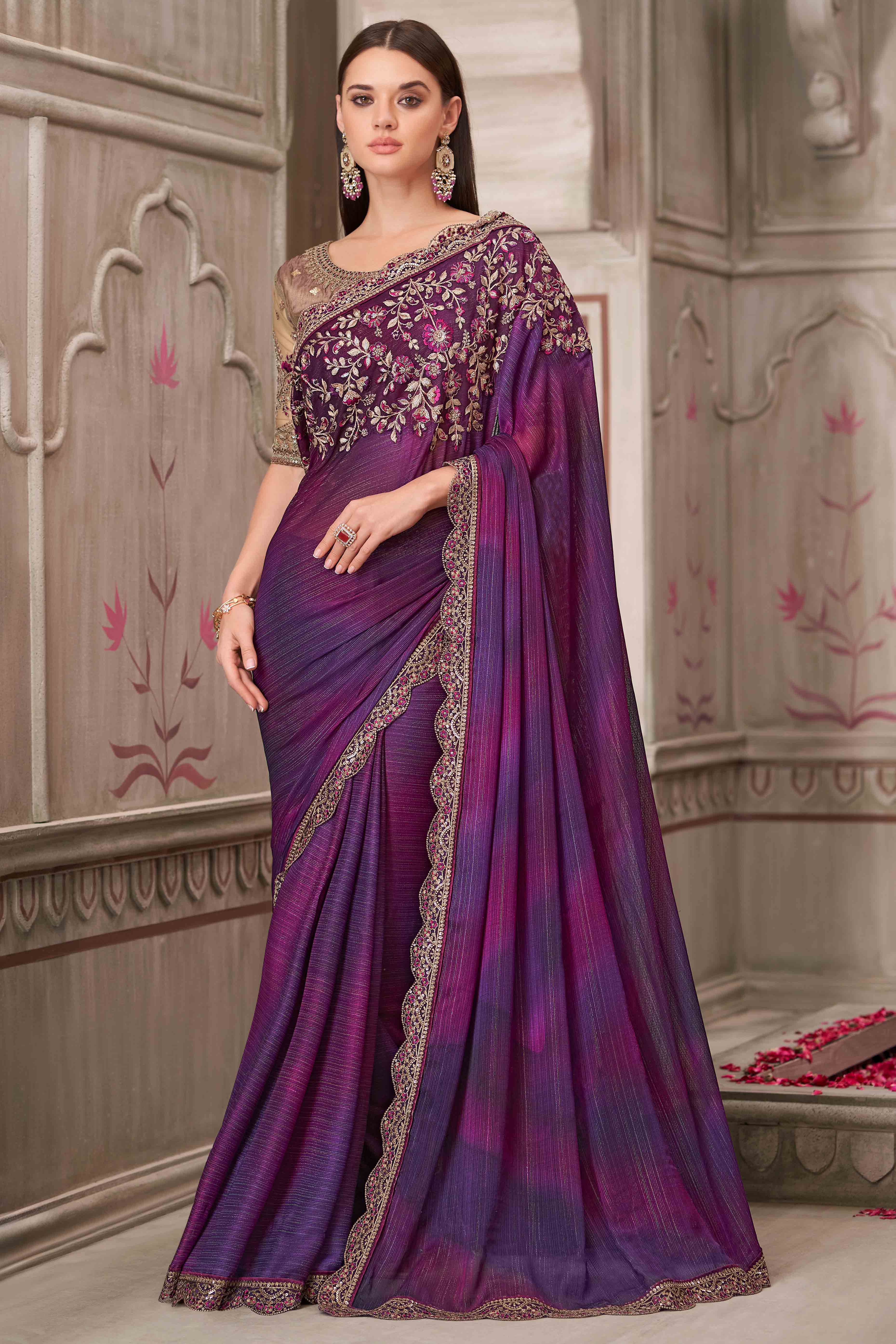 Soft Georgette Dark Purple Saree with Floral Thread & Sequin Accents