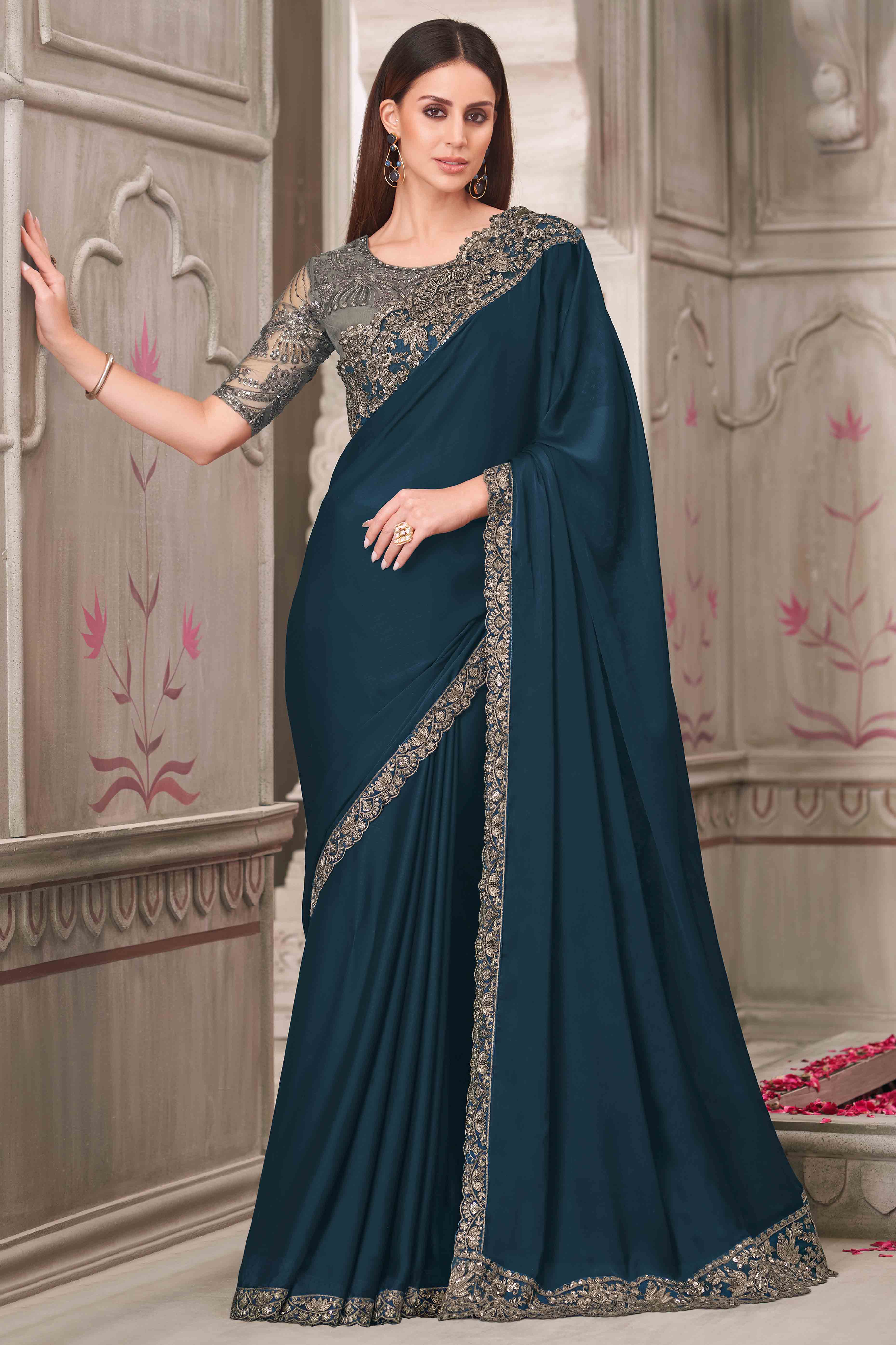 Soft Georgette Dark Teal Saree with Floral Thread & Sequin Accents