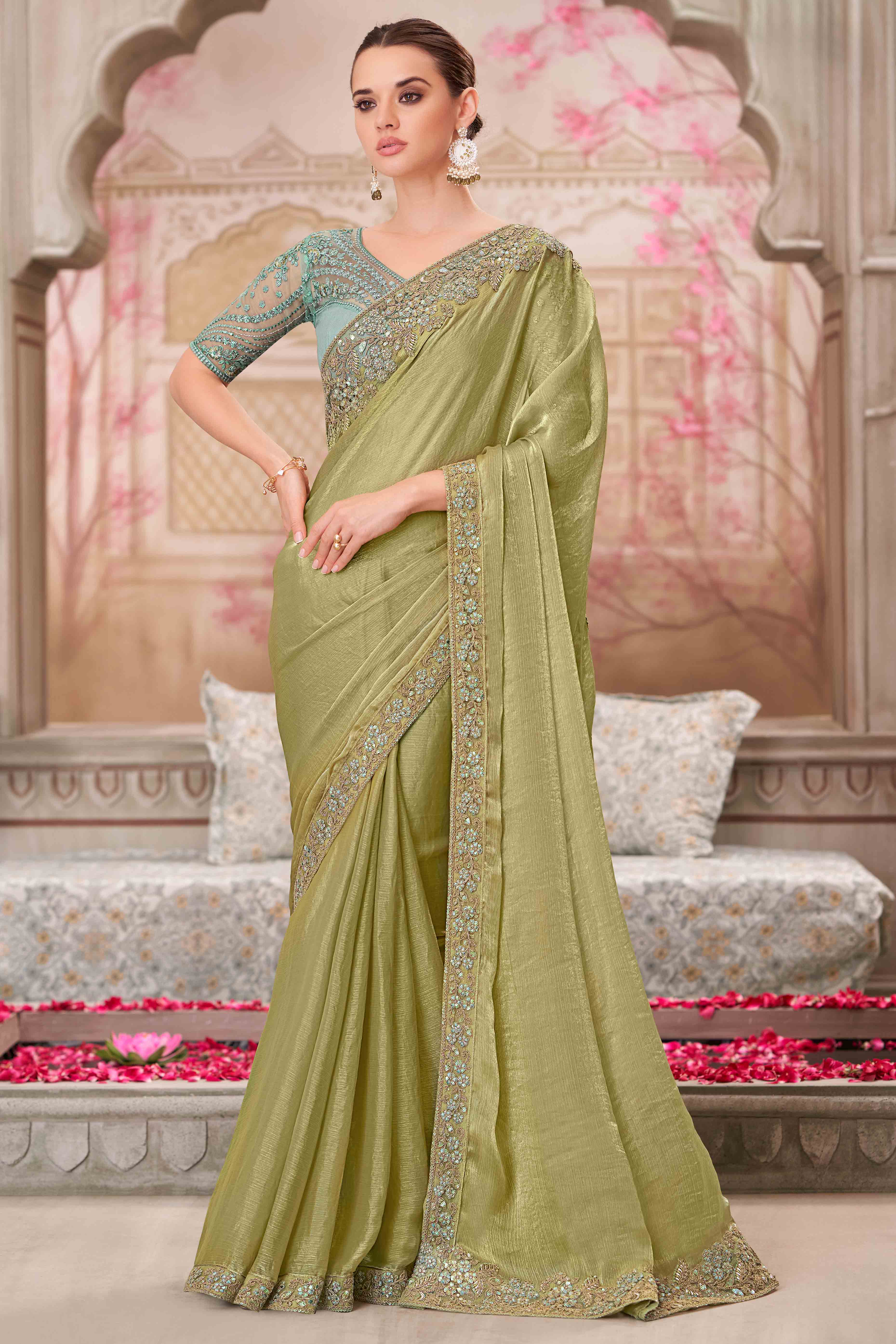 Radiant Pista Green Chiffon Saree with Delicate Floral & Sequin Embellishments