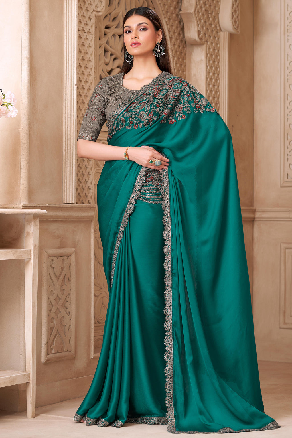 Designer Rama Green Thread Embroidered Satin Saree with Sequin Highlig