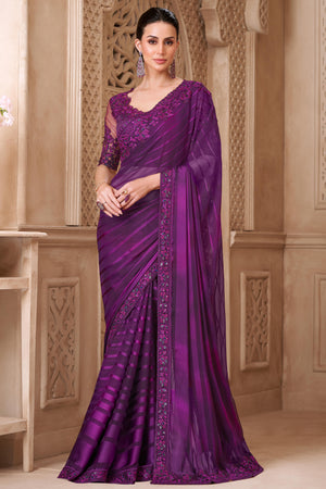 Shimmering Purple Georgette Saree with Graceful Thread Embellishment and Sequins