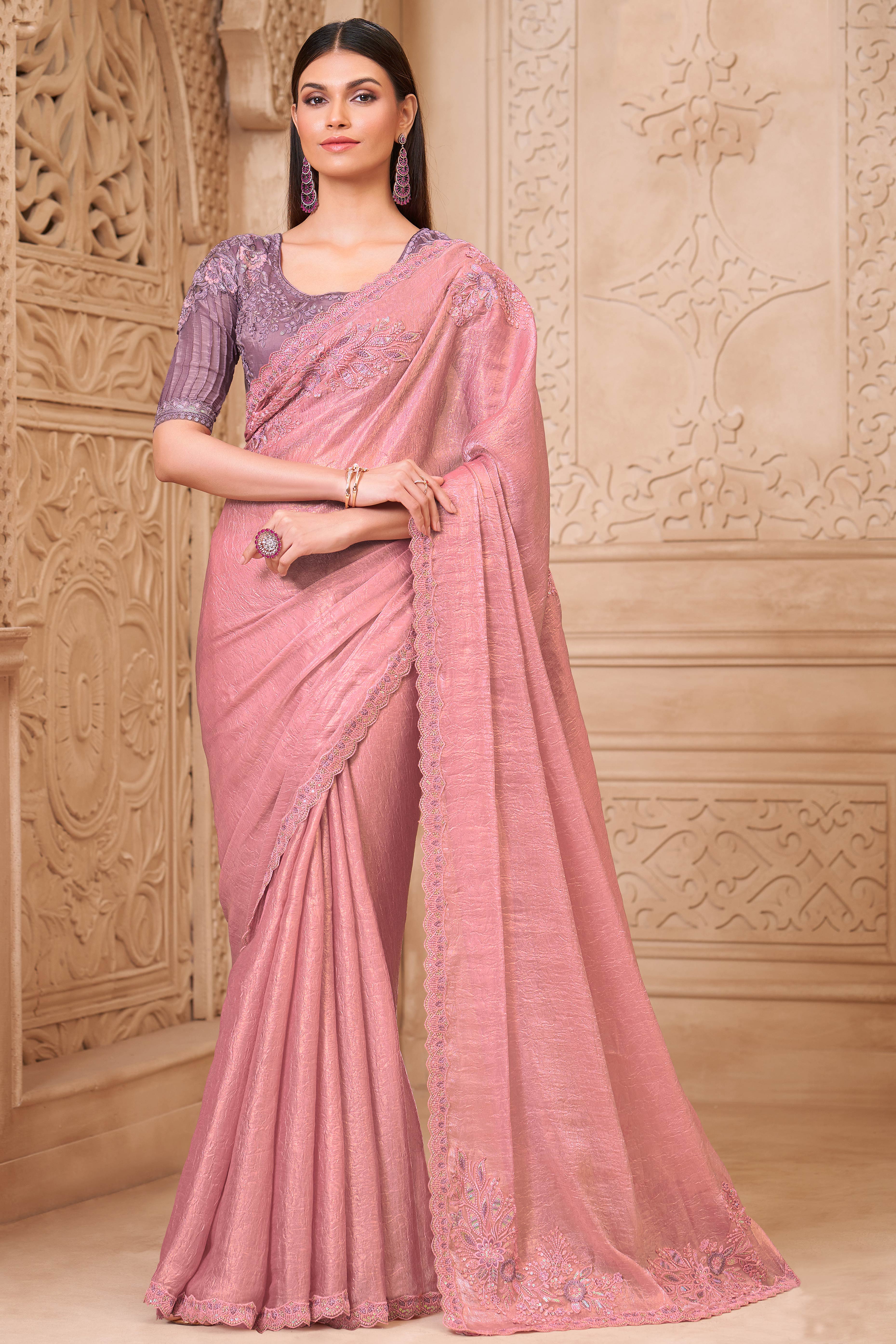 Shimmering Salmon Pink Georgette Saree with Graceful Thread Embellishment and Sequins