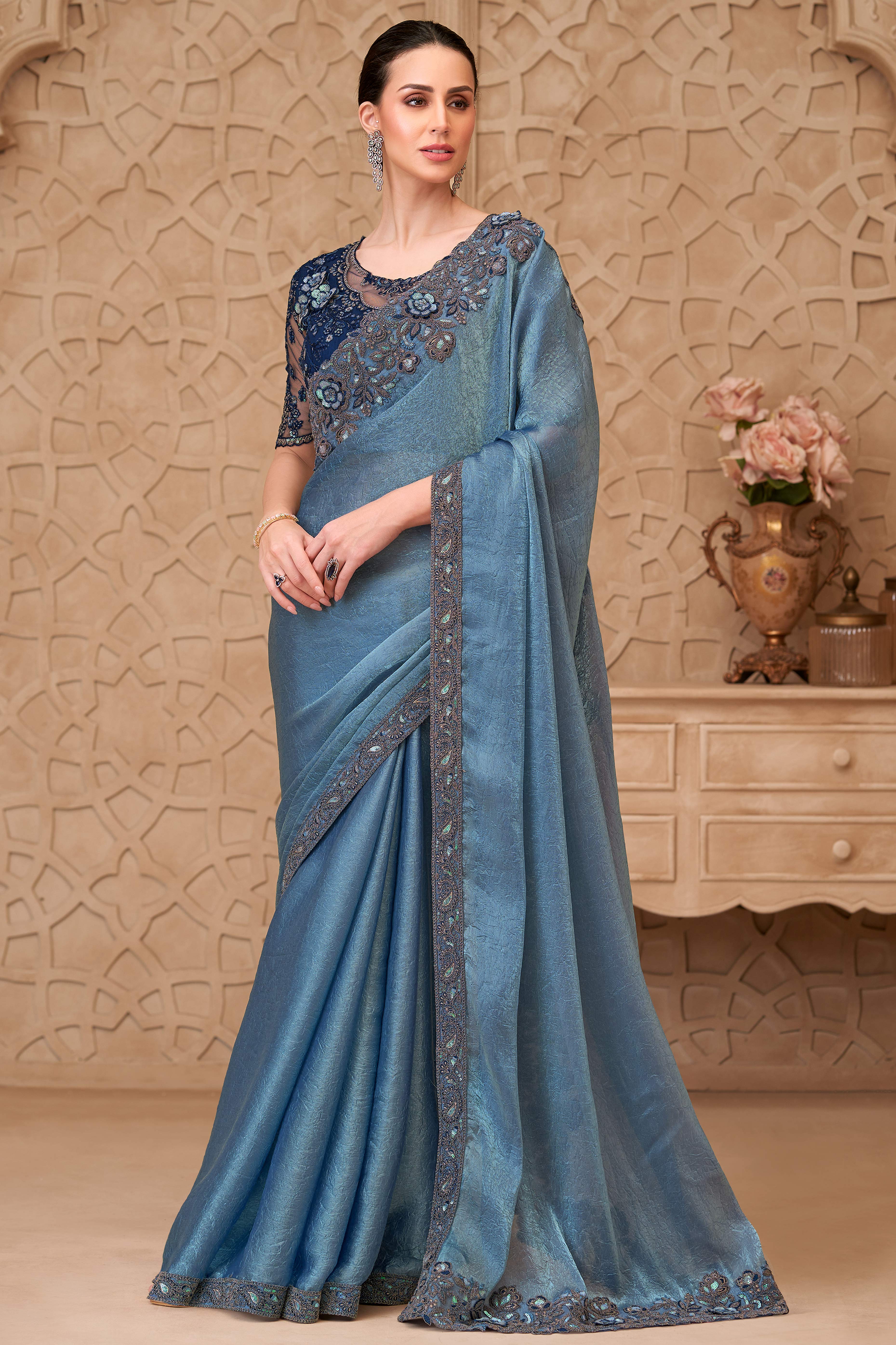 Shimmering Bluish Grey Georgette Saree with Graceful Thread Embellishment and Sequins