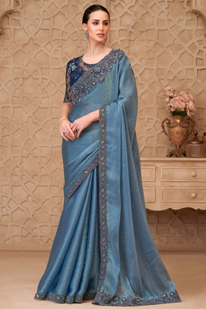 Shimmering Bluish Grey Georgette Saree with Graceful Thread Embellishment and Sequins
