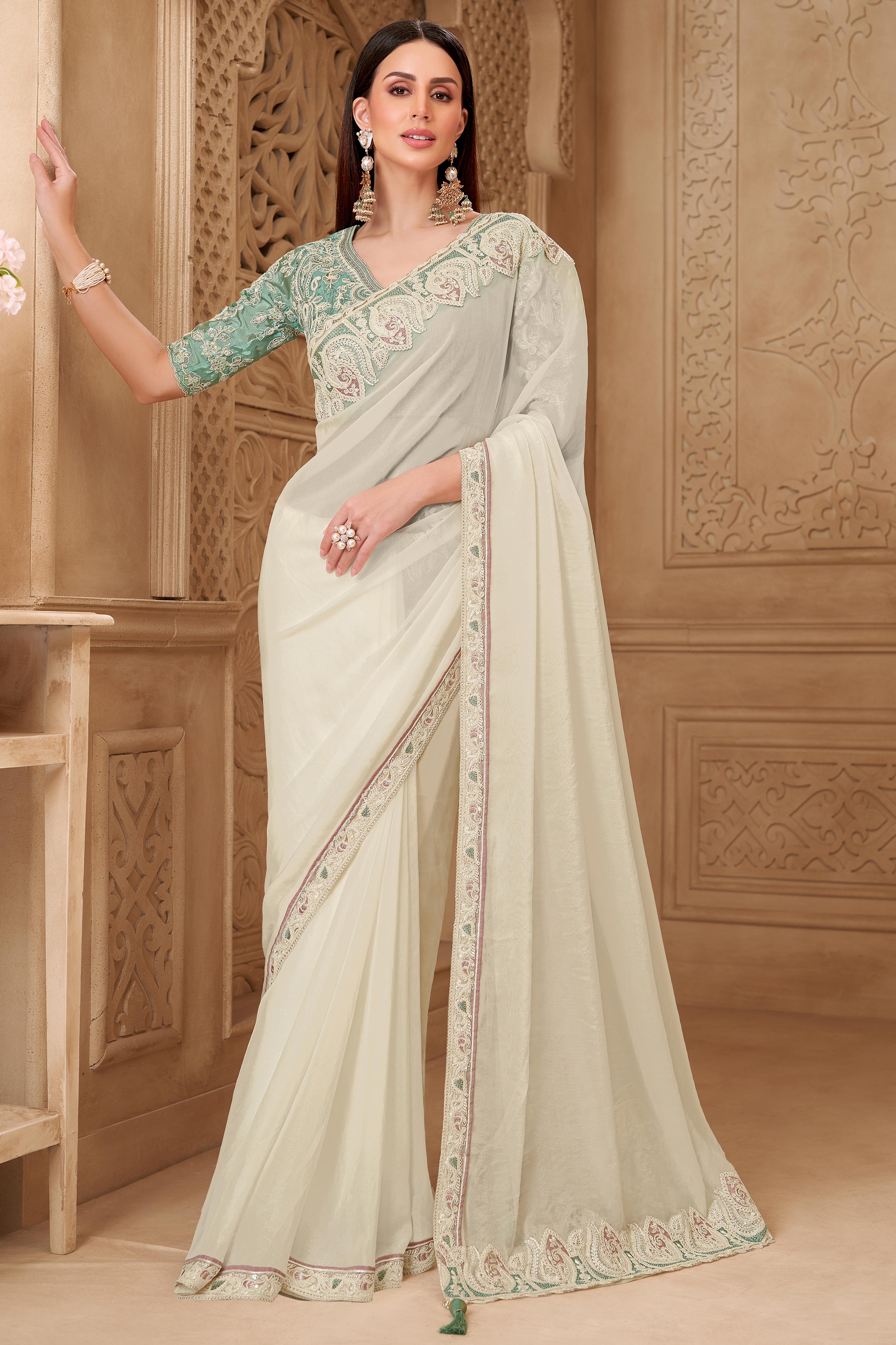 Shimmering Cream Georgette Saree with Graceful Thread Embellishment and Sequins