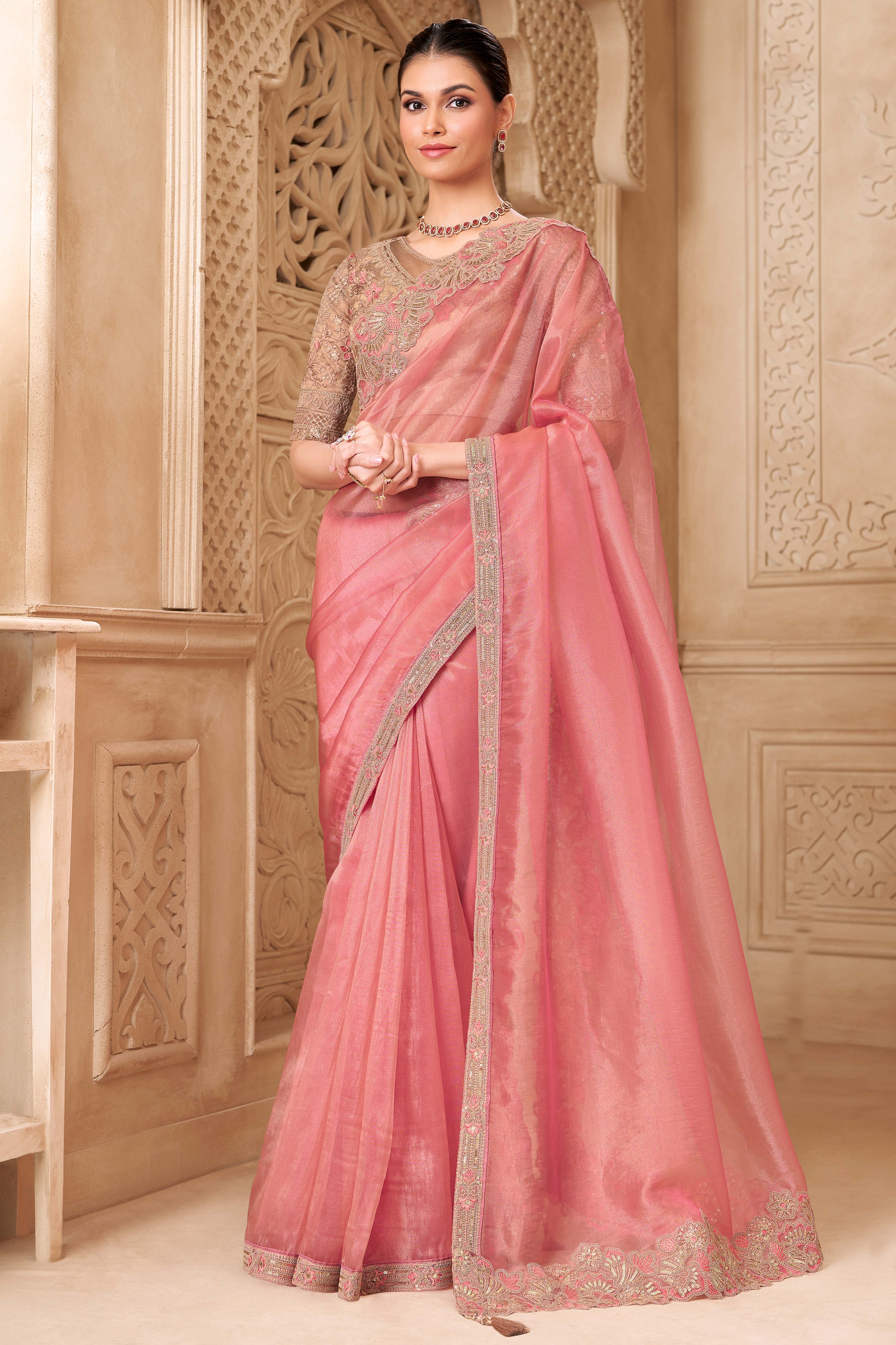 Stylish Pink Chiffon Saree Crafted with Sequin Detailing and Thread Embroidery