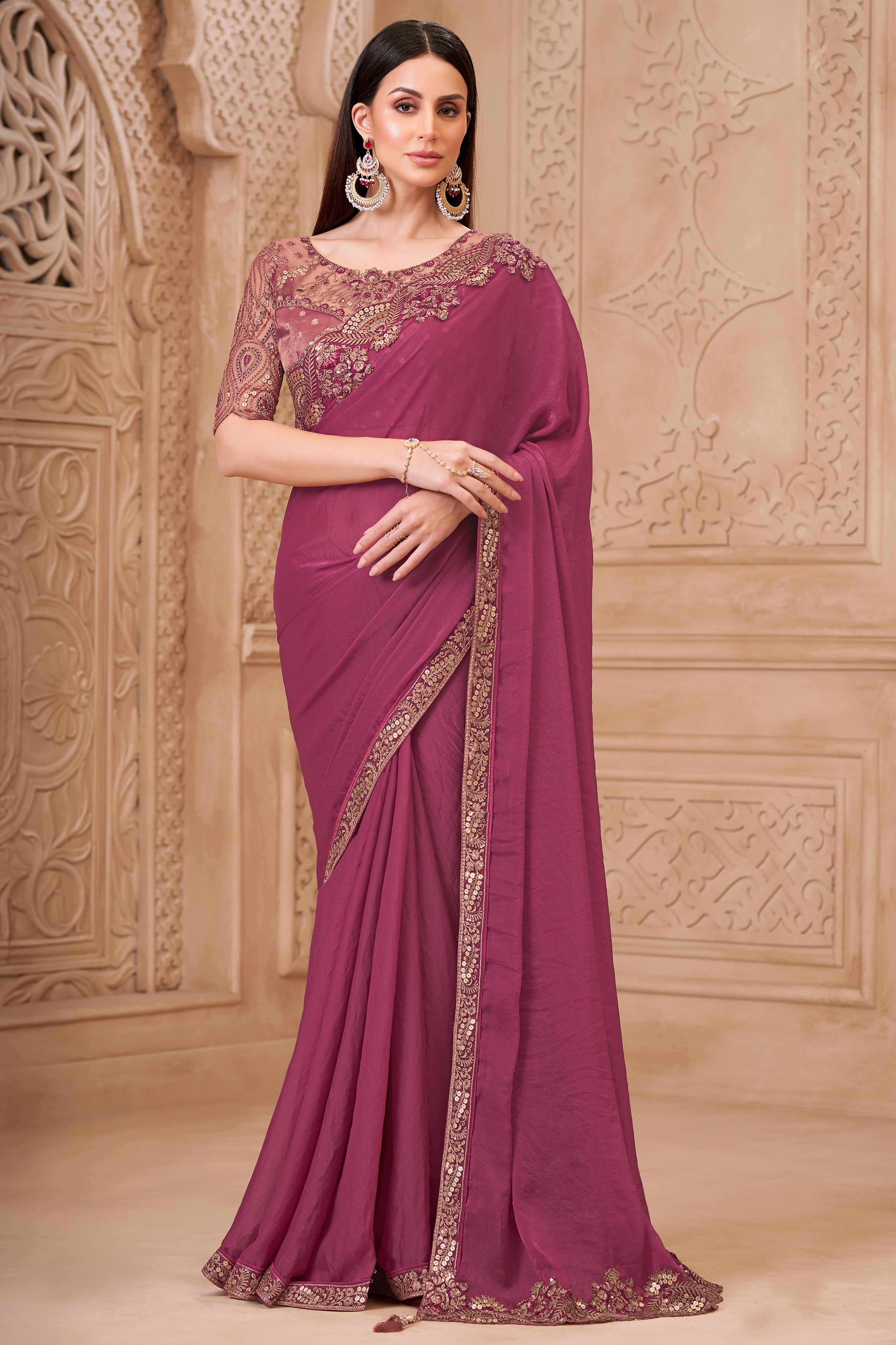 Shimmering Rouge Pink Georgette Saree with Graceful Thread Embellishment and Sequins