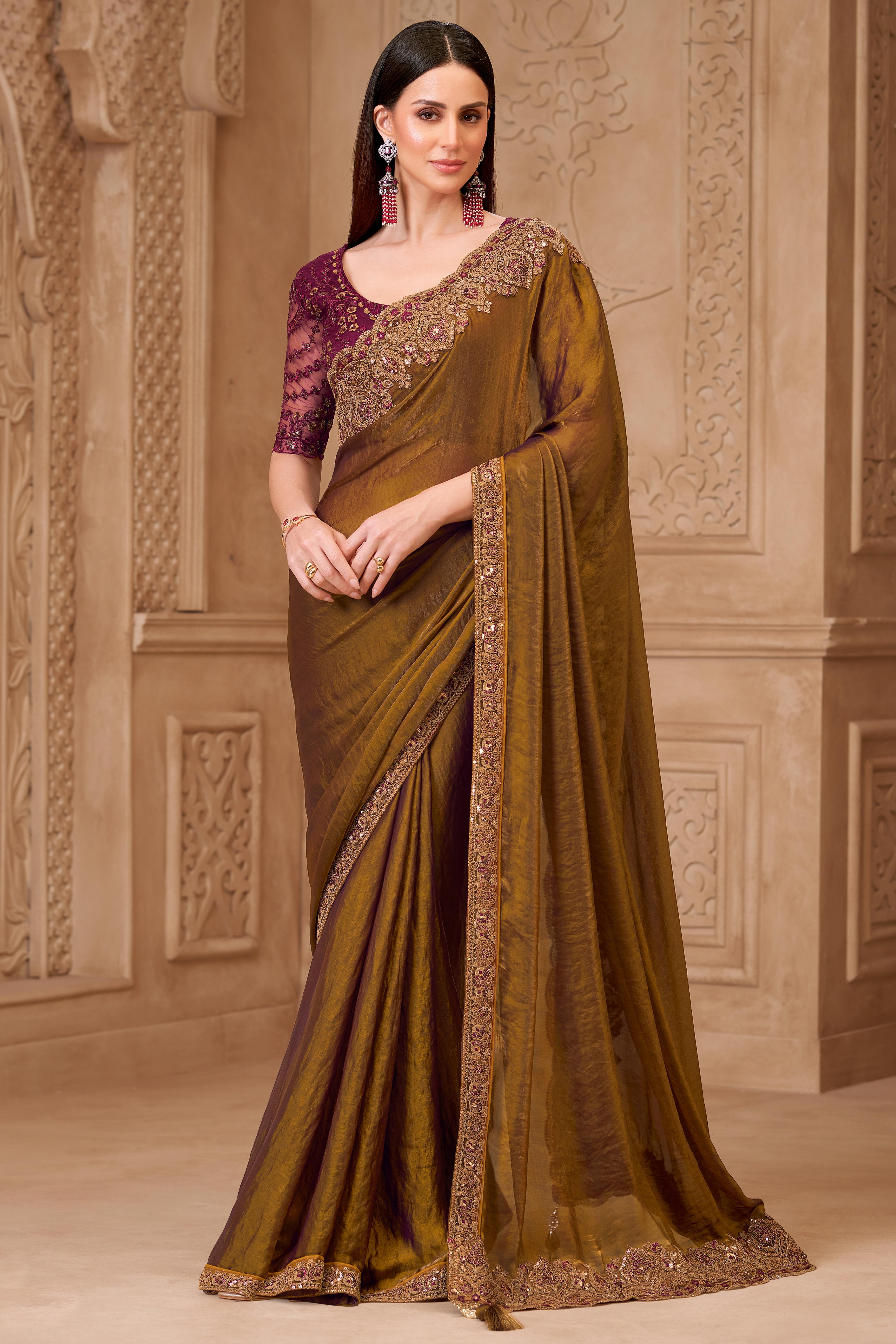Shimmering Mehendi Green Georgette Saree with Graceful Thread Embellishment and Sequins