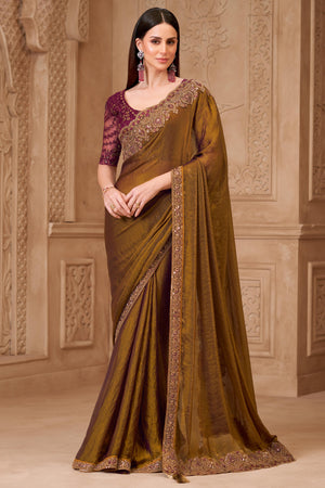 Shimmering Mehendi Green Georgette Saree with Graceful Thread Embellishment and Sequins