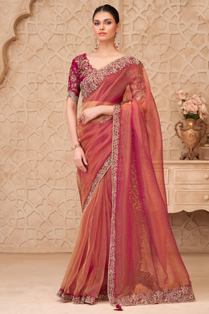 Shimmering Pink Georgette Saree with Graceful Thread Embellishment and Sequins
