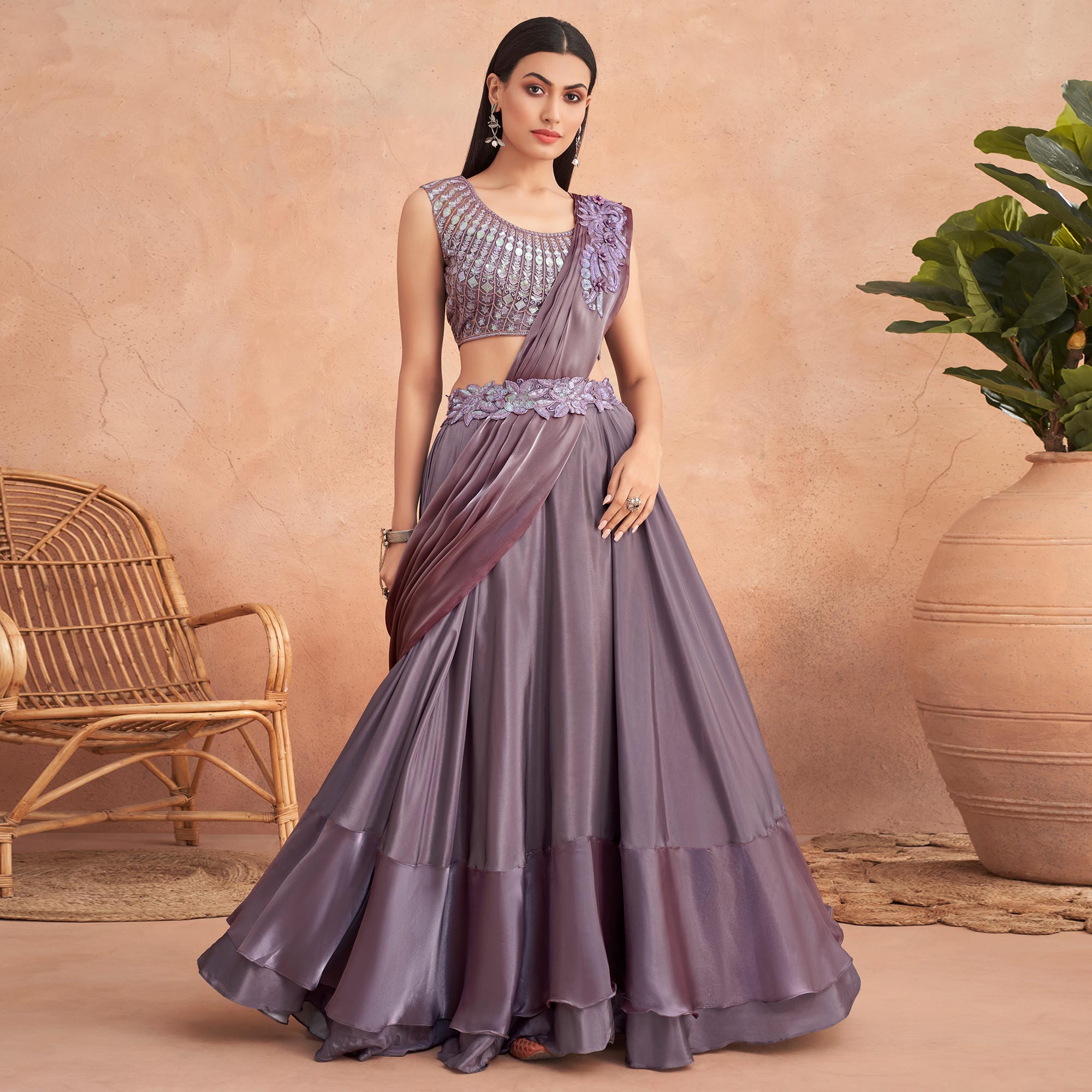 Mauve Sequins Embroidered Ready To Wear Satin Silk Saree