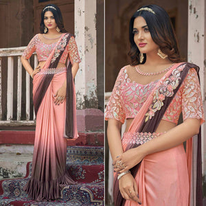 Peach Sequins Embroidered Ready To Wear Lycra Saree