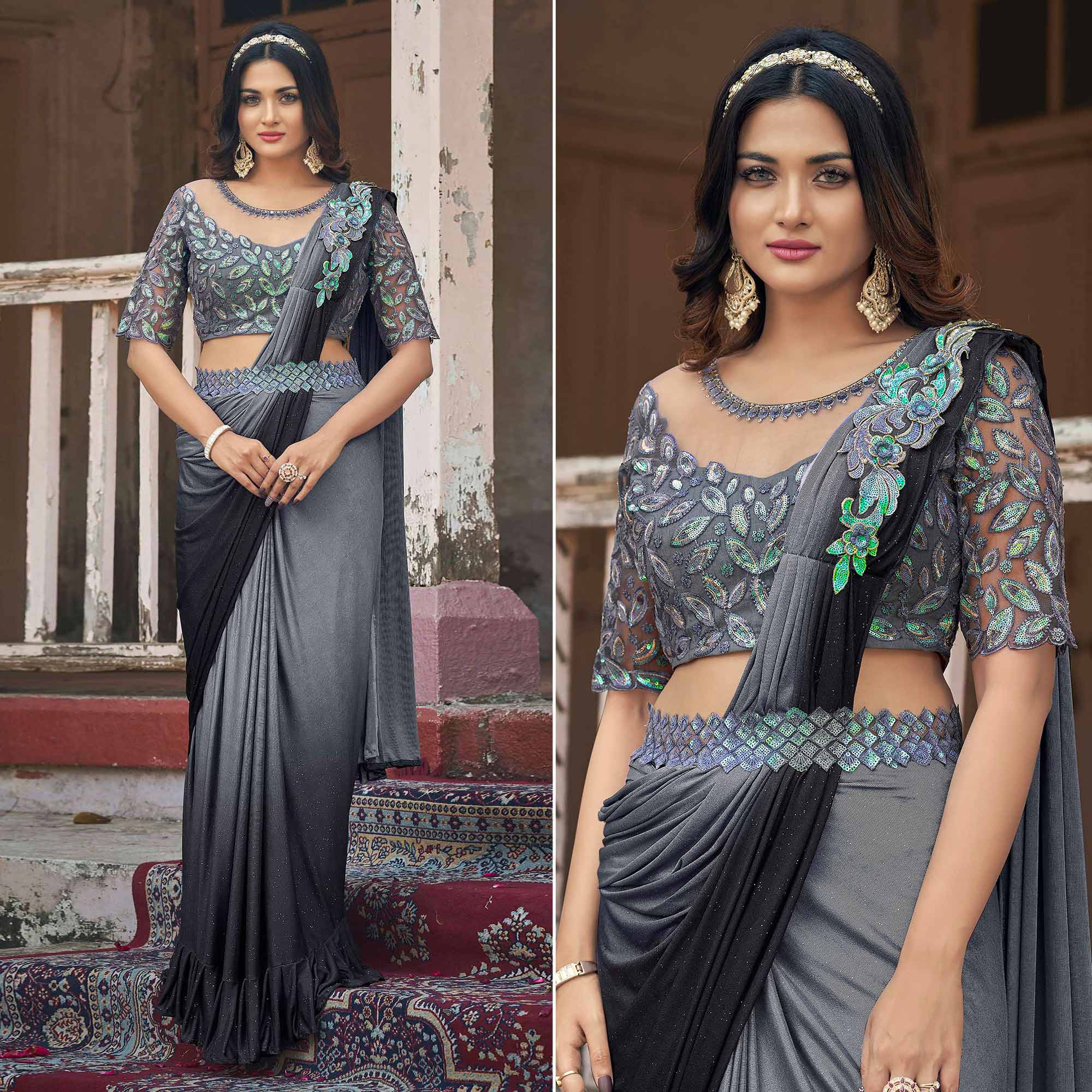 Grey Sequins Embroidered Ready To Wear Lycra Saree