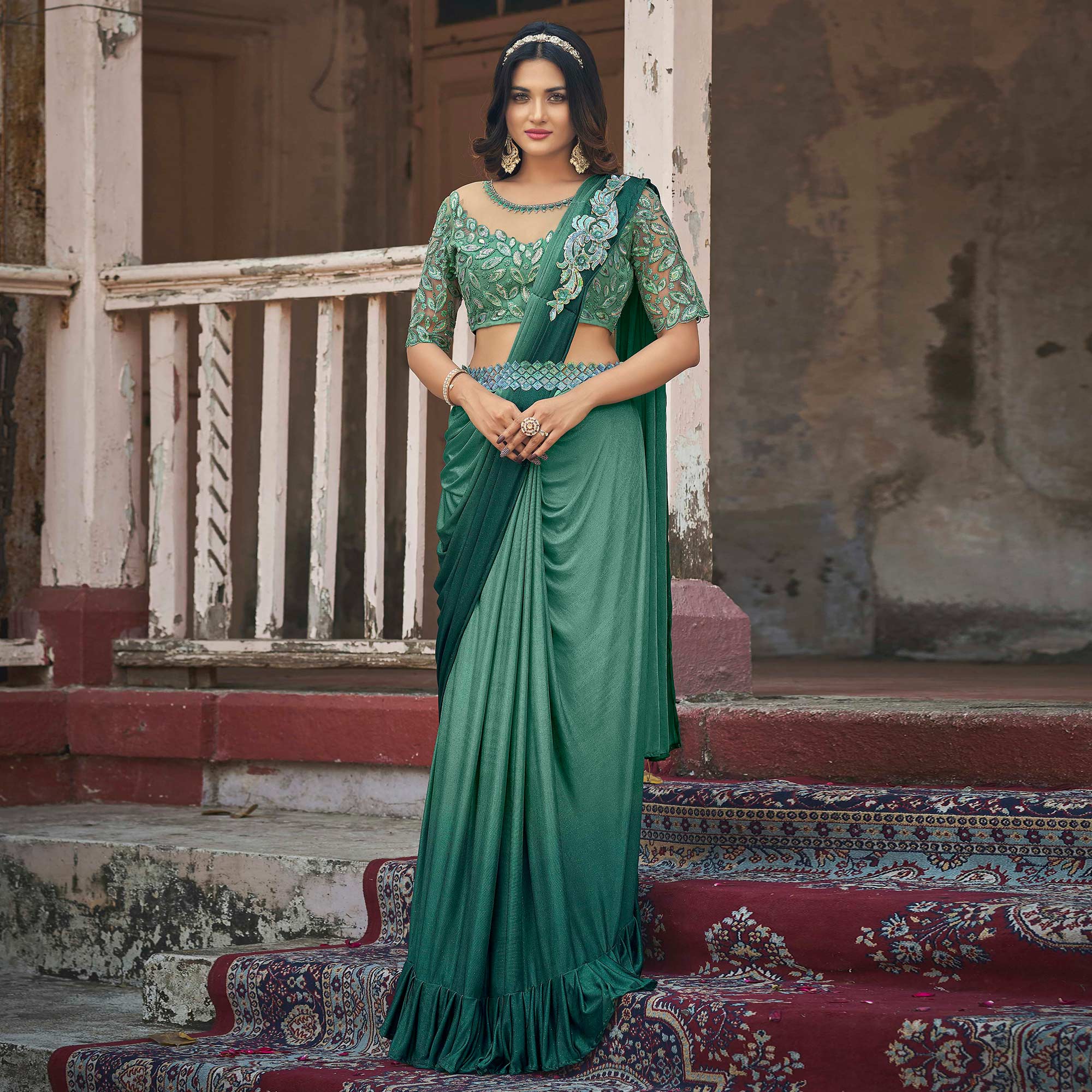Green Sequins Embroidered Ready To Wear Lycra Saree