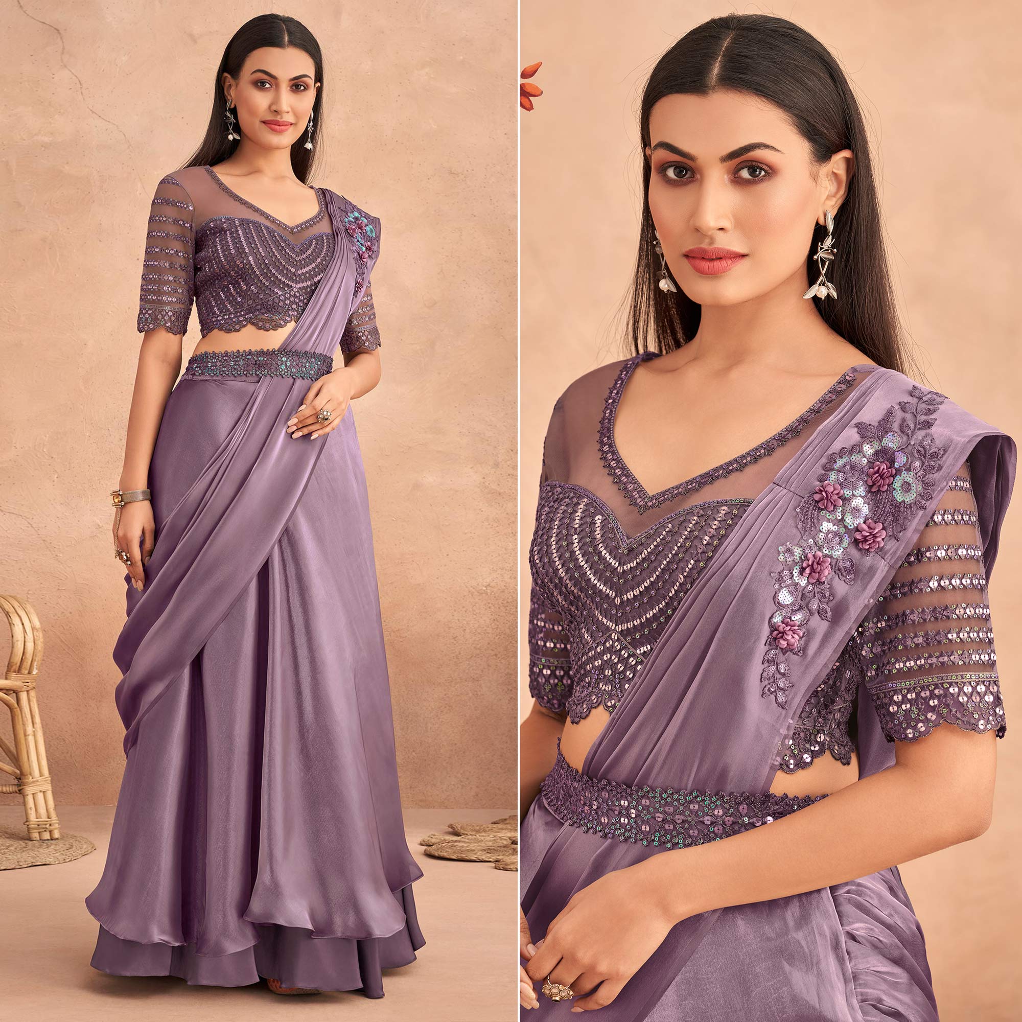 Mauve Sequins Embroidered Ready To Wear Art Silk Saree
