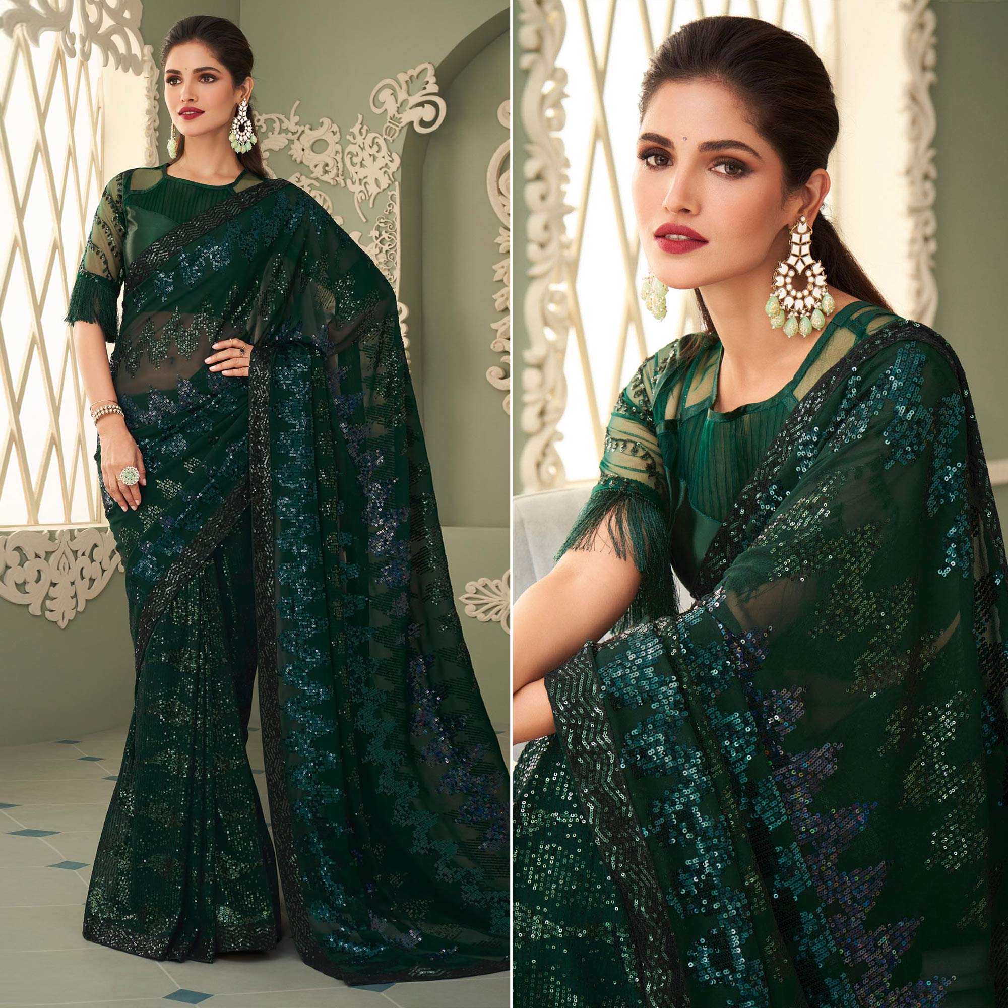 Bottle Green Sequins Embroidered Georgette Saree