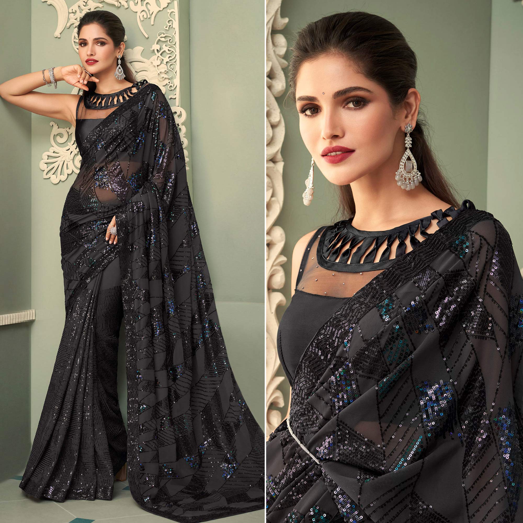 Black Sequins Embroidered Georgette Saree