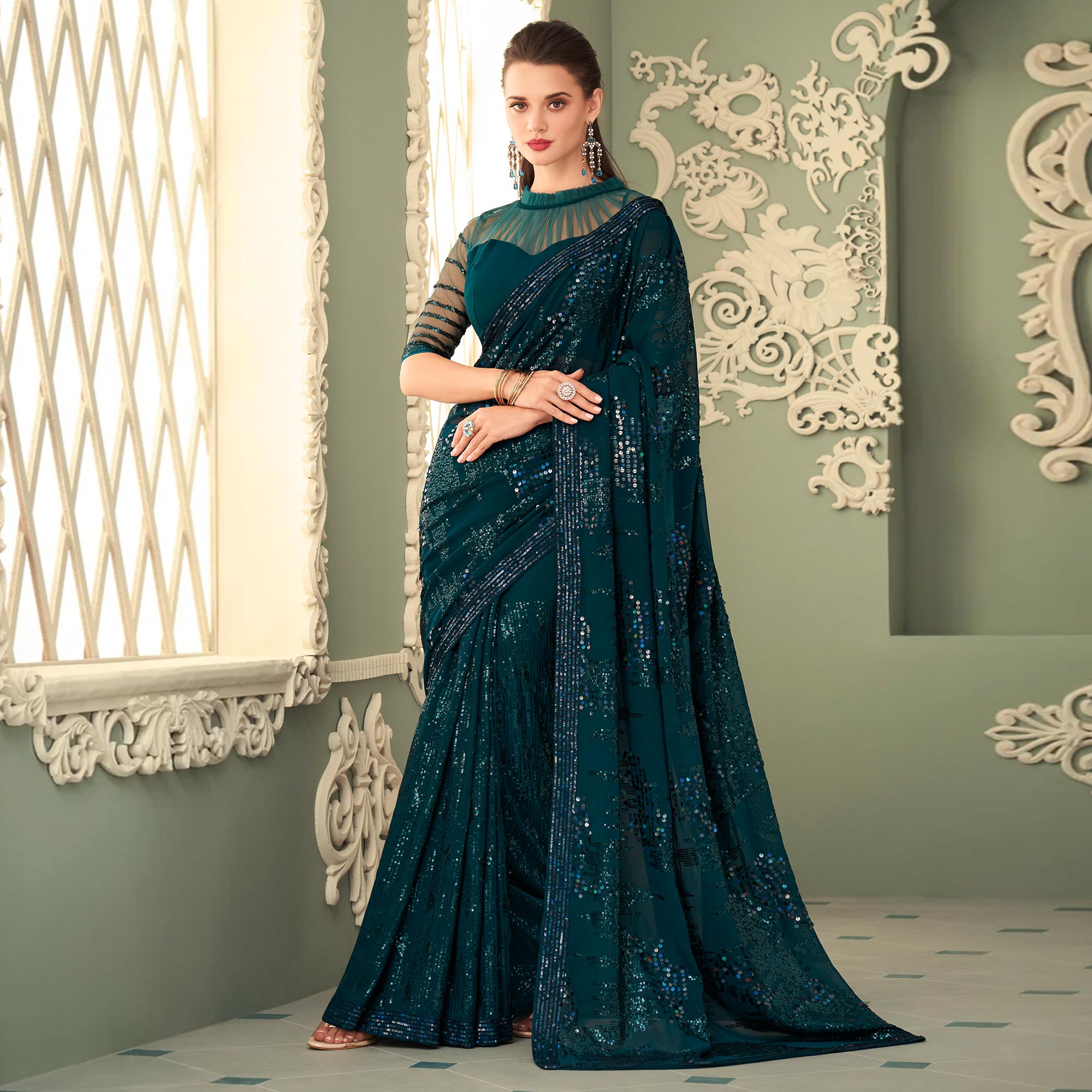 Teal Blue Sequins Embroidered Georgette Saree