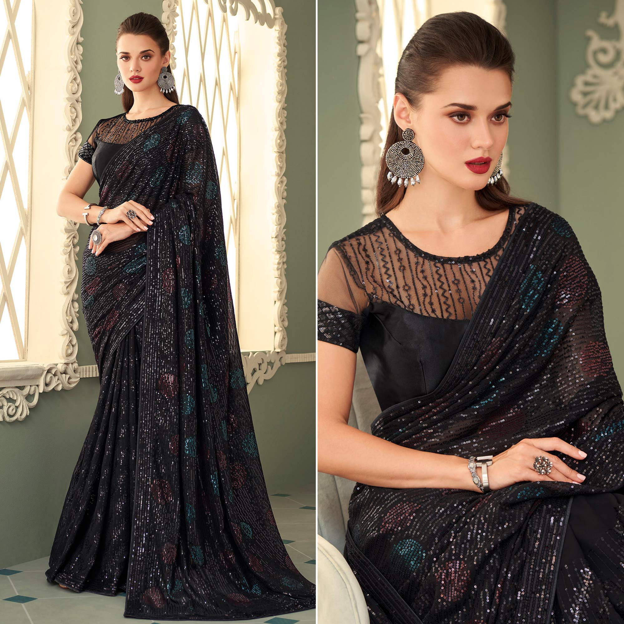 Black Sequins Embroidered Georgette Saree