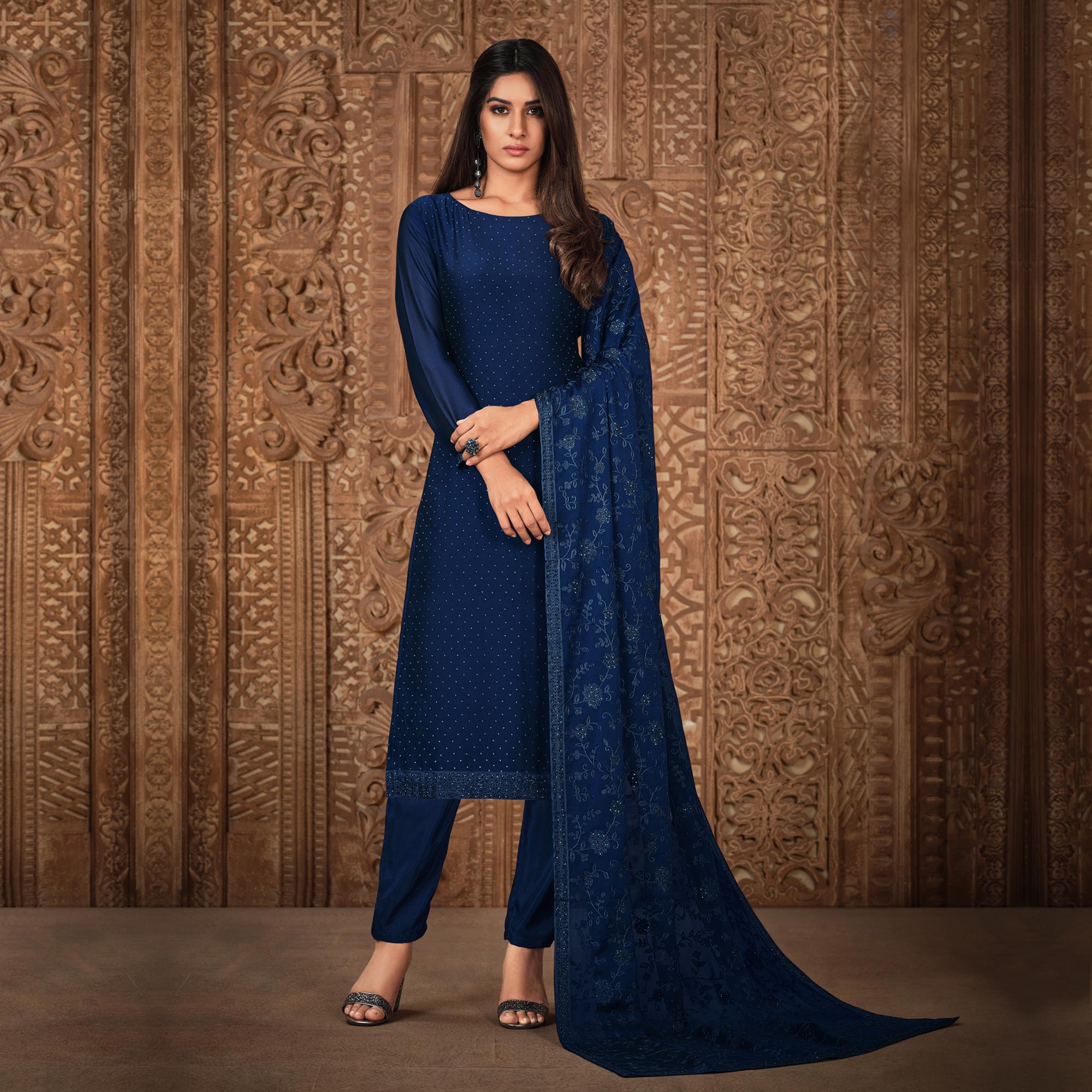 Blue Diamond Work Georgette Semi Stitched Salwar Suit