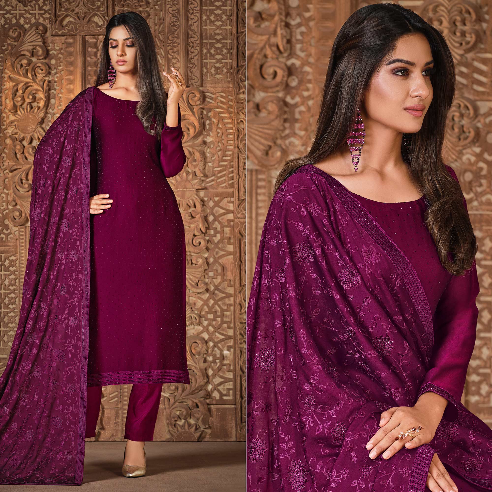 Magenta Diamond Work Georgette Semi Stitched Salwar Suit