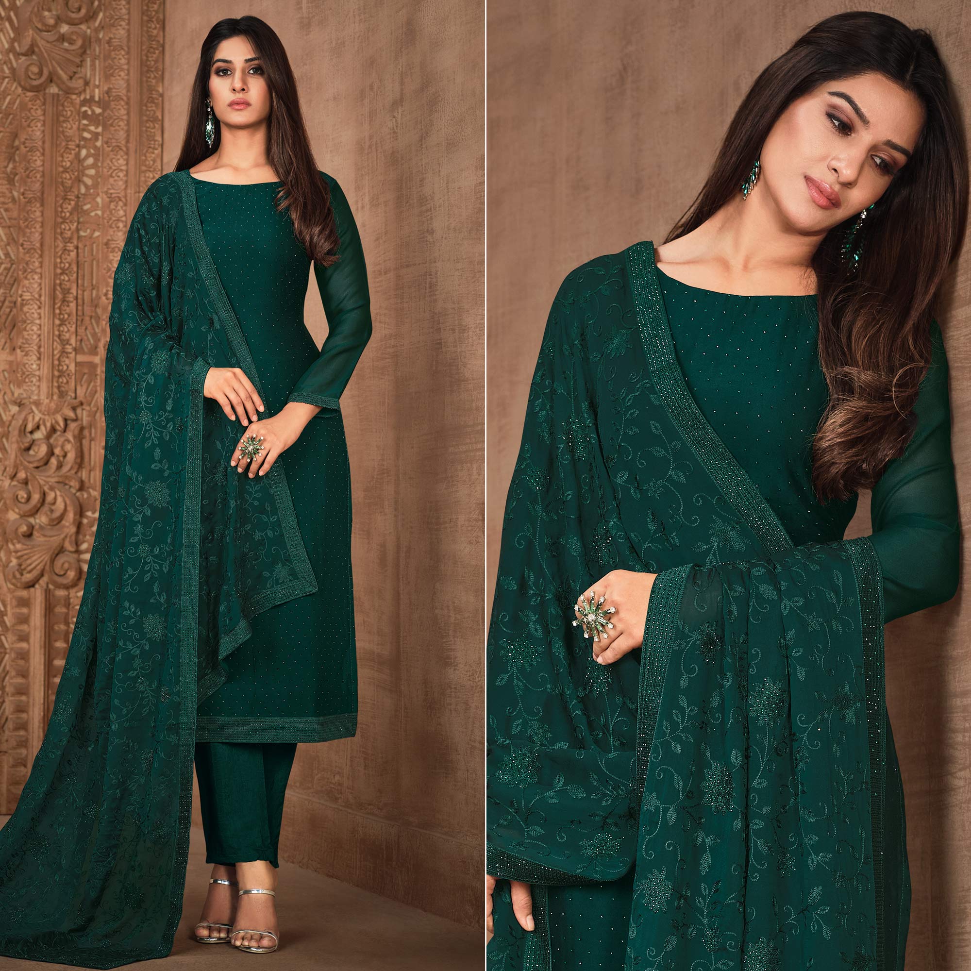 Green Diamond Work Georgette Semi Stitched Salwar Suit