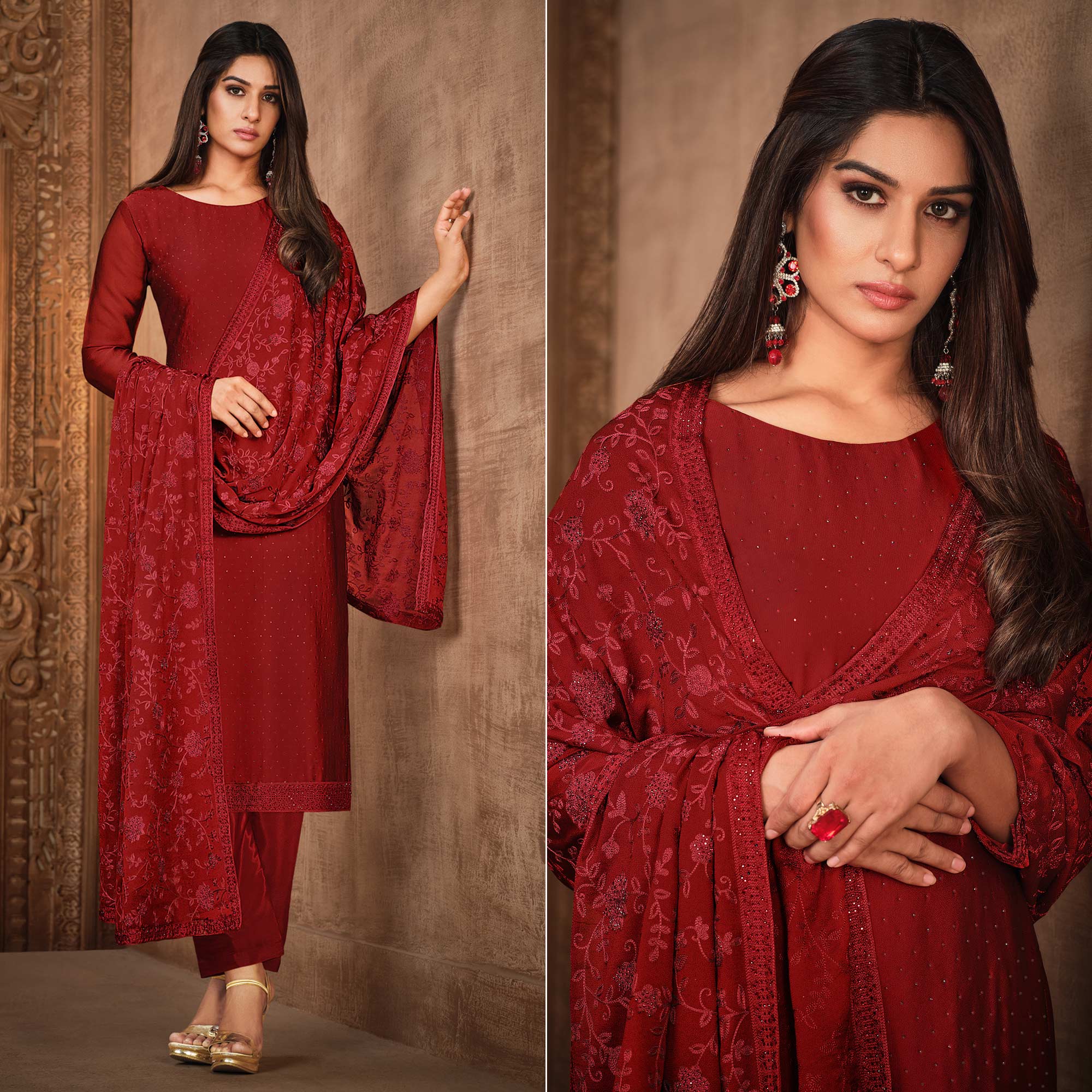 Red Diamond Work Georgette Semi Stitched Salwar Suit