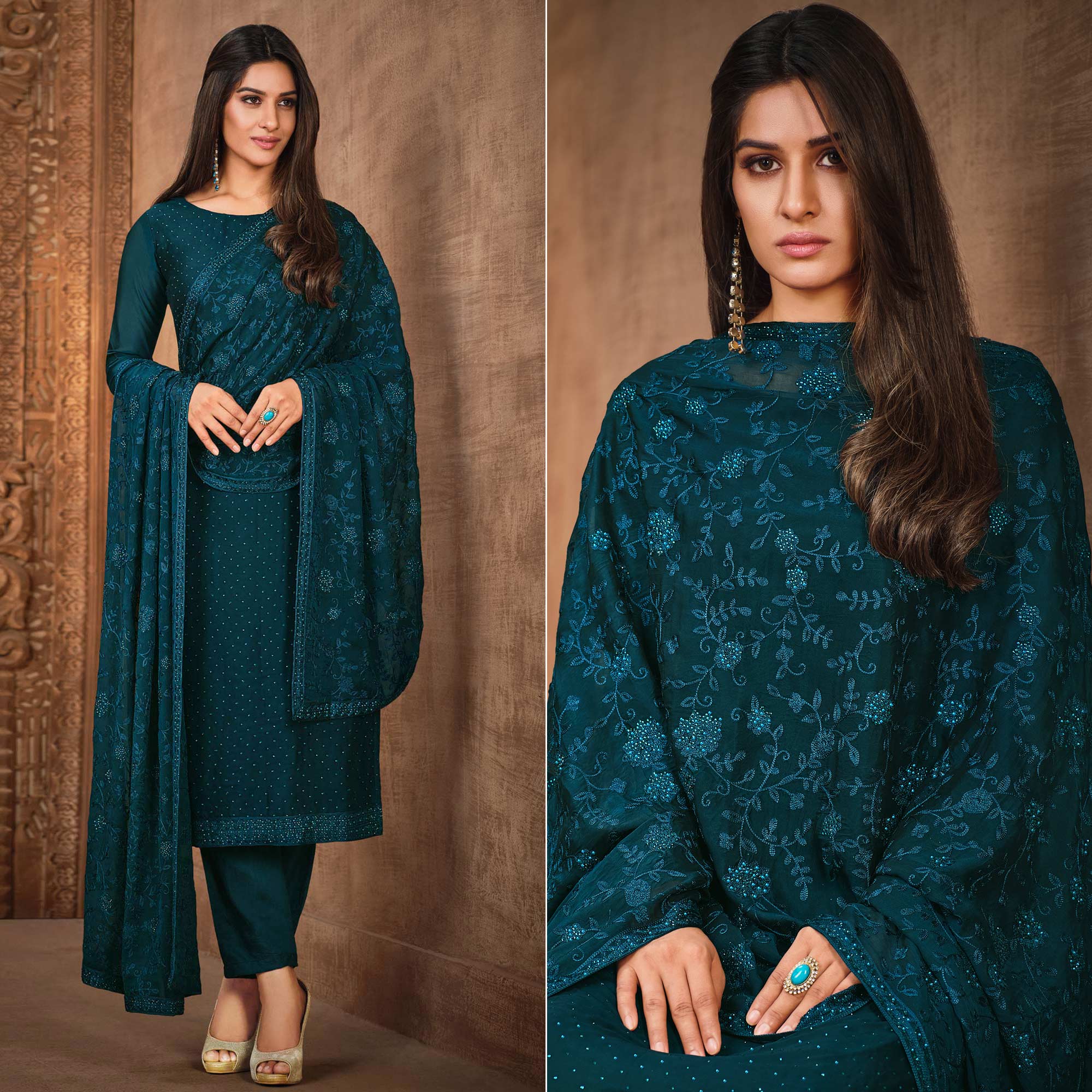 Teal Diamond Work Georgette Semi Stitched Salwar Suit