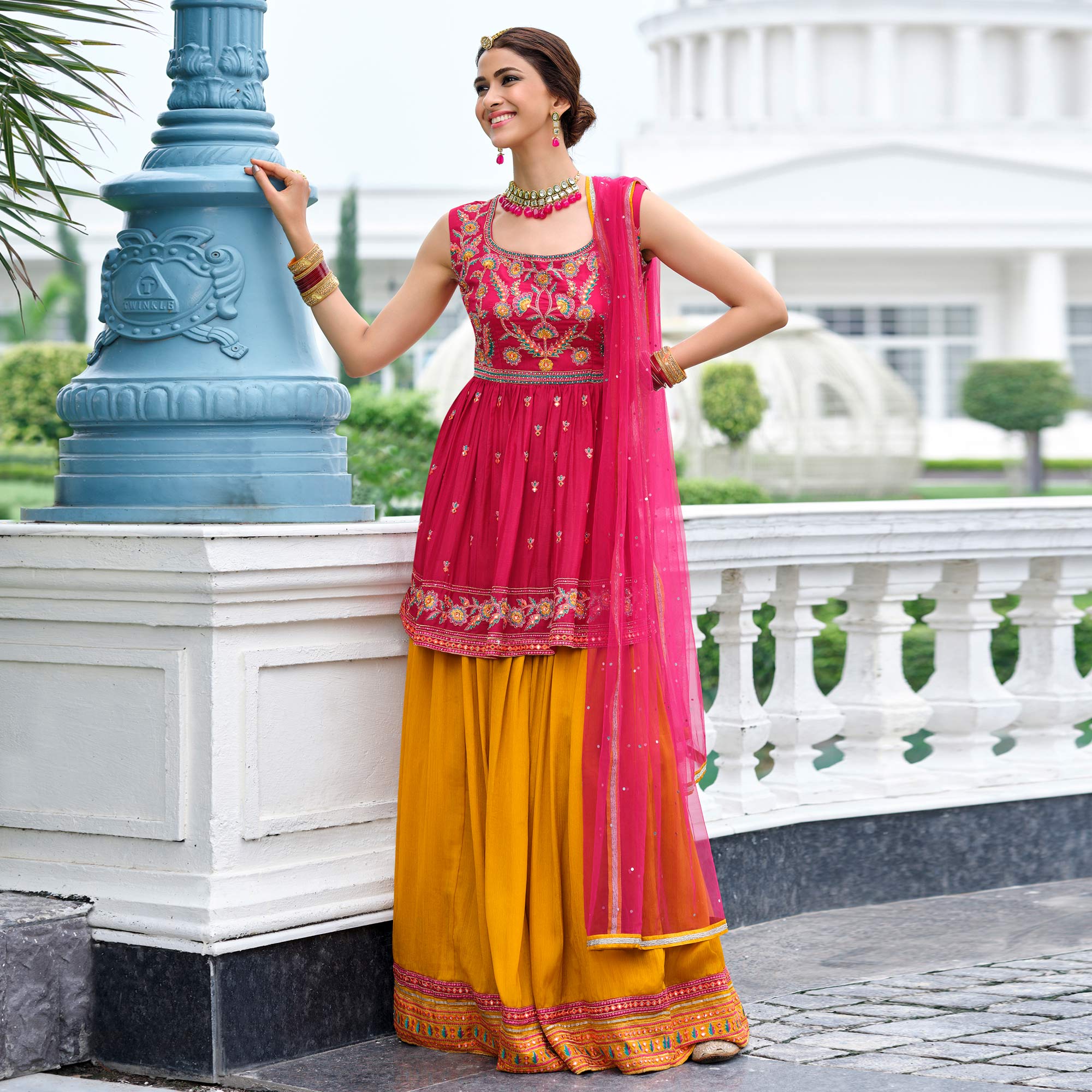 Pink Sequence Embroidered Viscose Kurti Palazzo Set