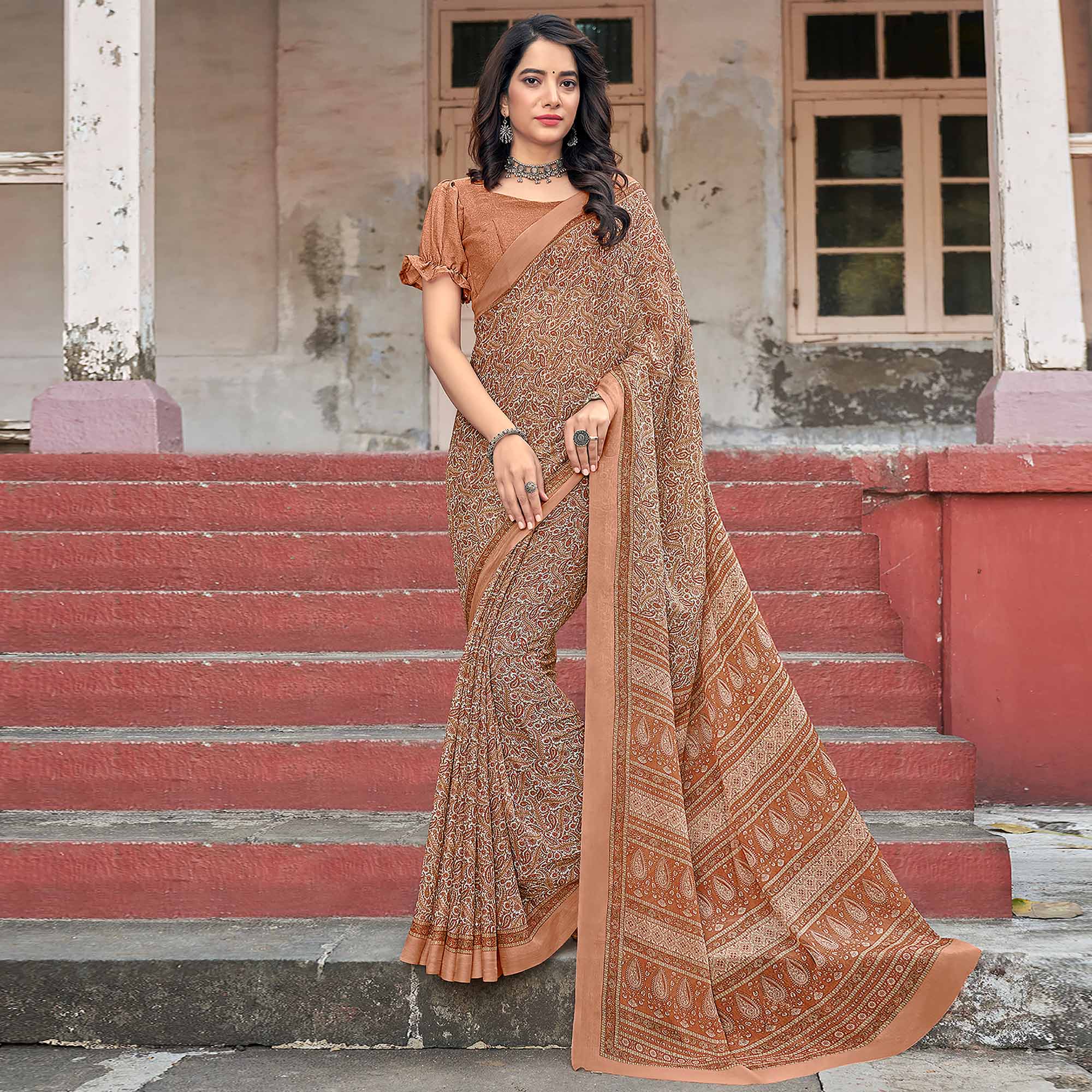 Dusty Orange Paisley Printed Chiffon Saree