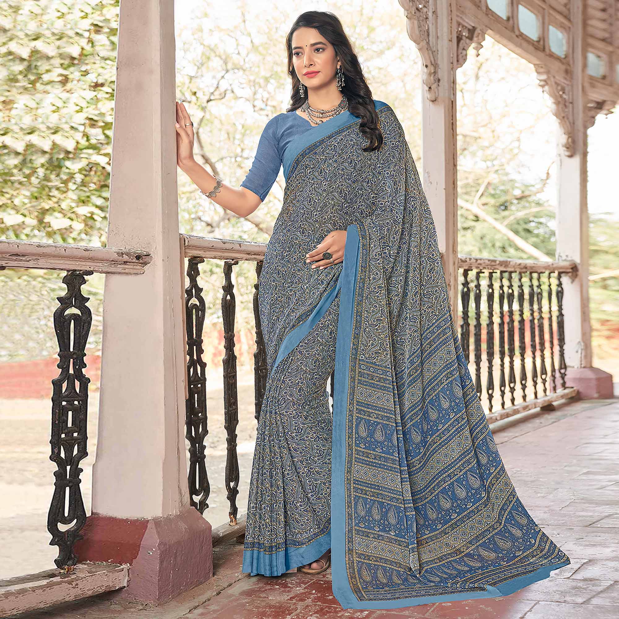 Blue Paisley Printed Chiffon Saree