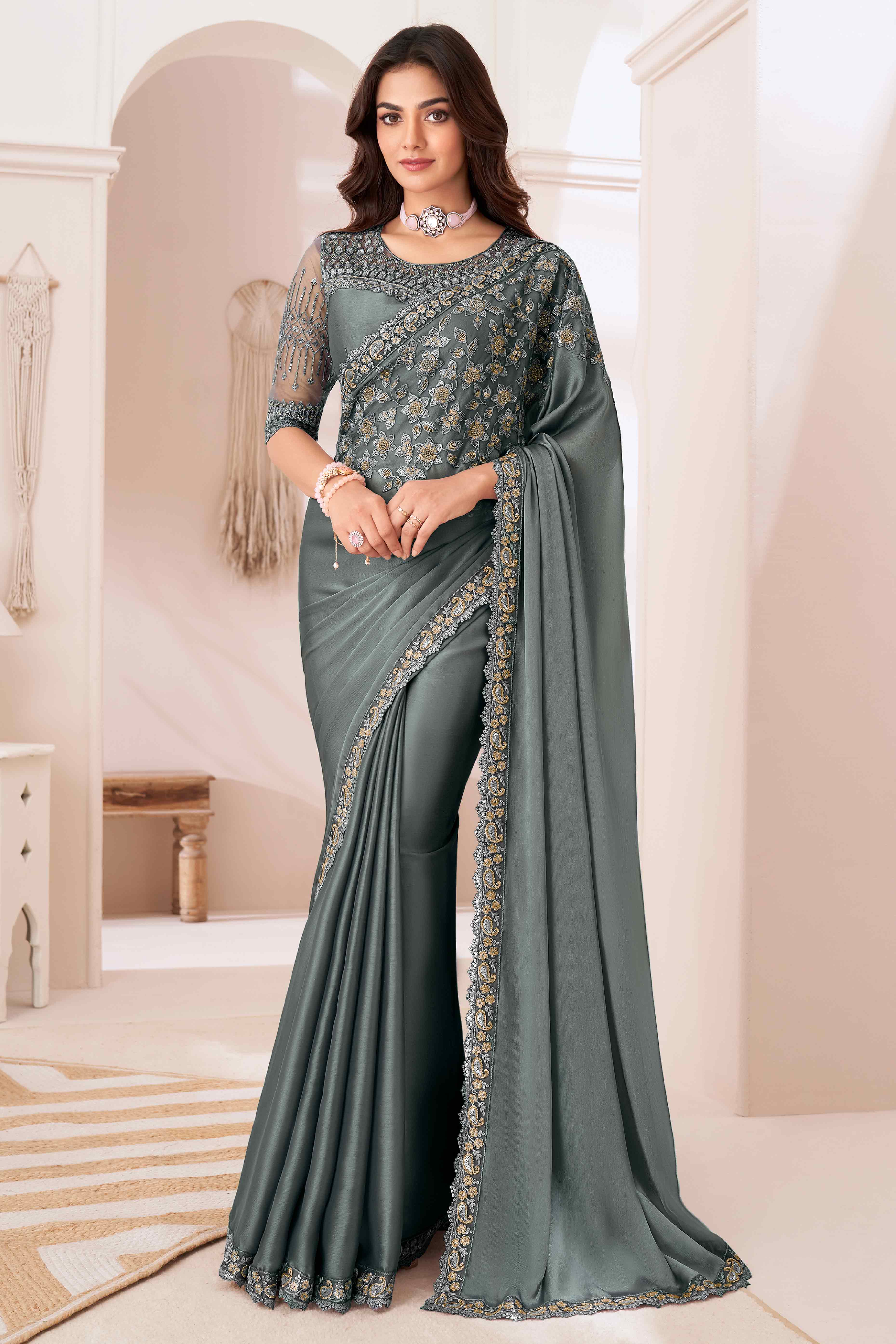 Grey Sequins Embroidered Satin Saree