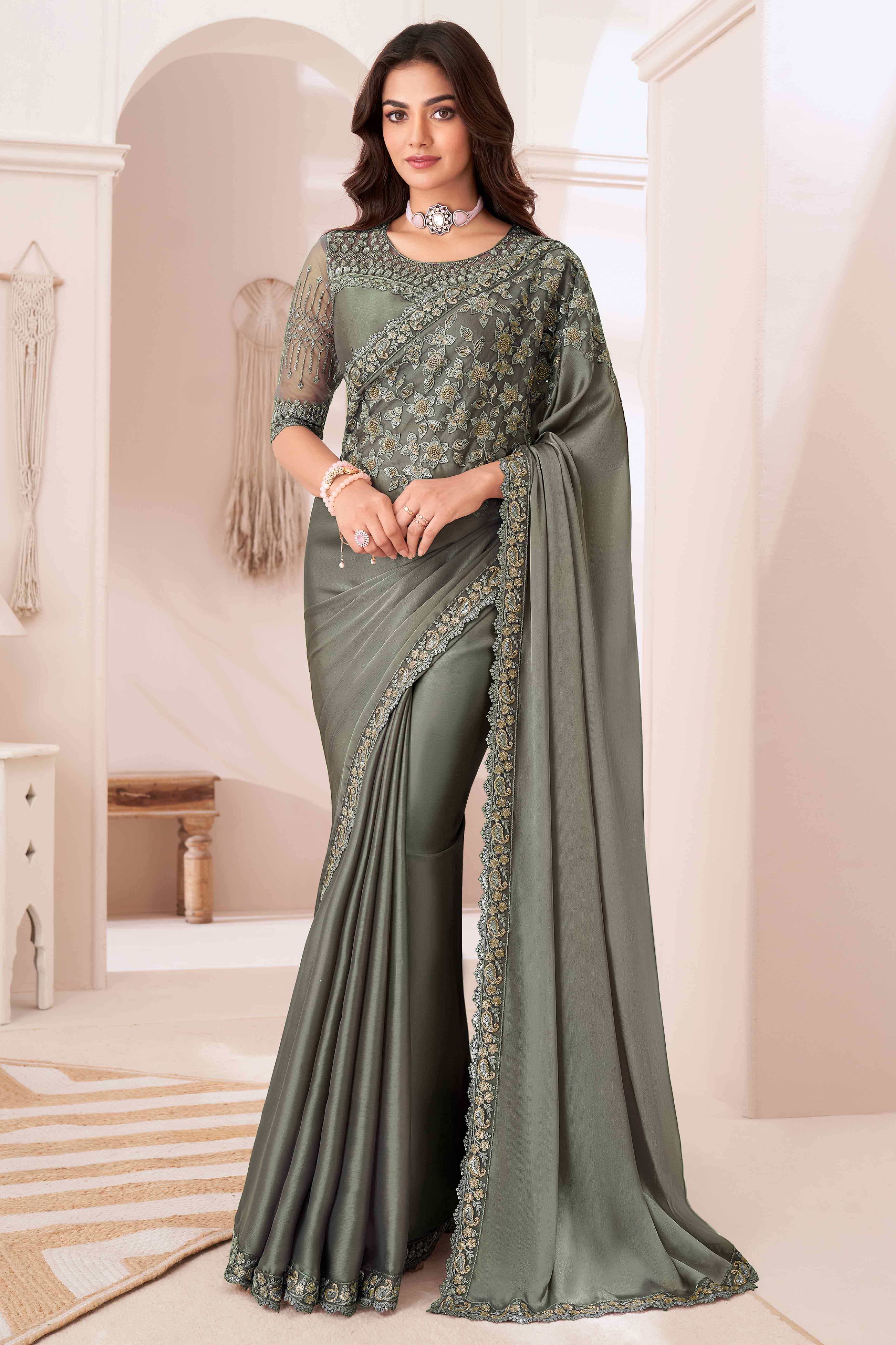 Dusty Grey Sequins Embroidered Satin Saree