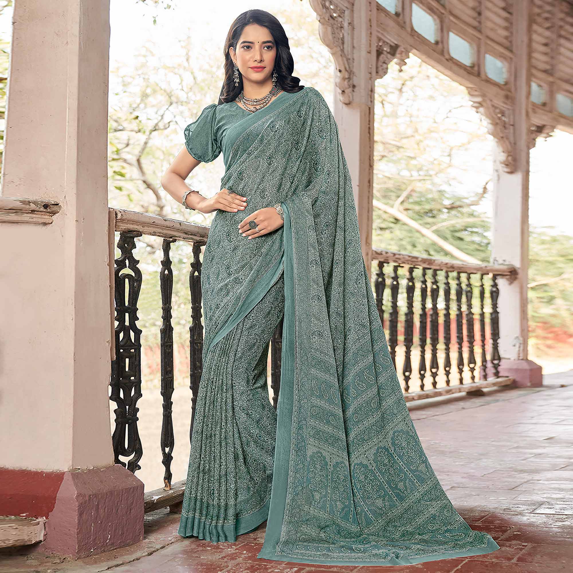 Green Paisley Printed Chiffon Saree