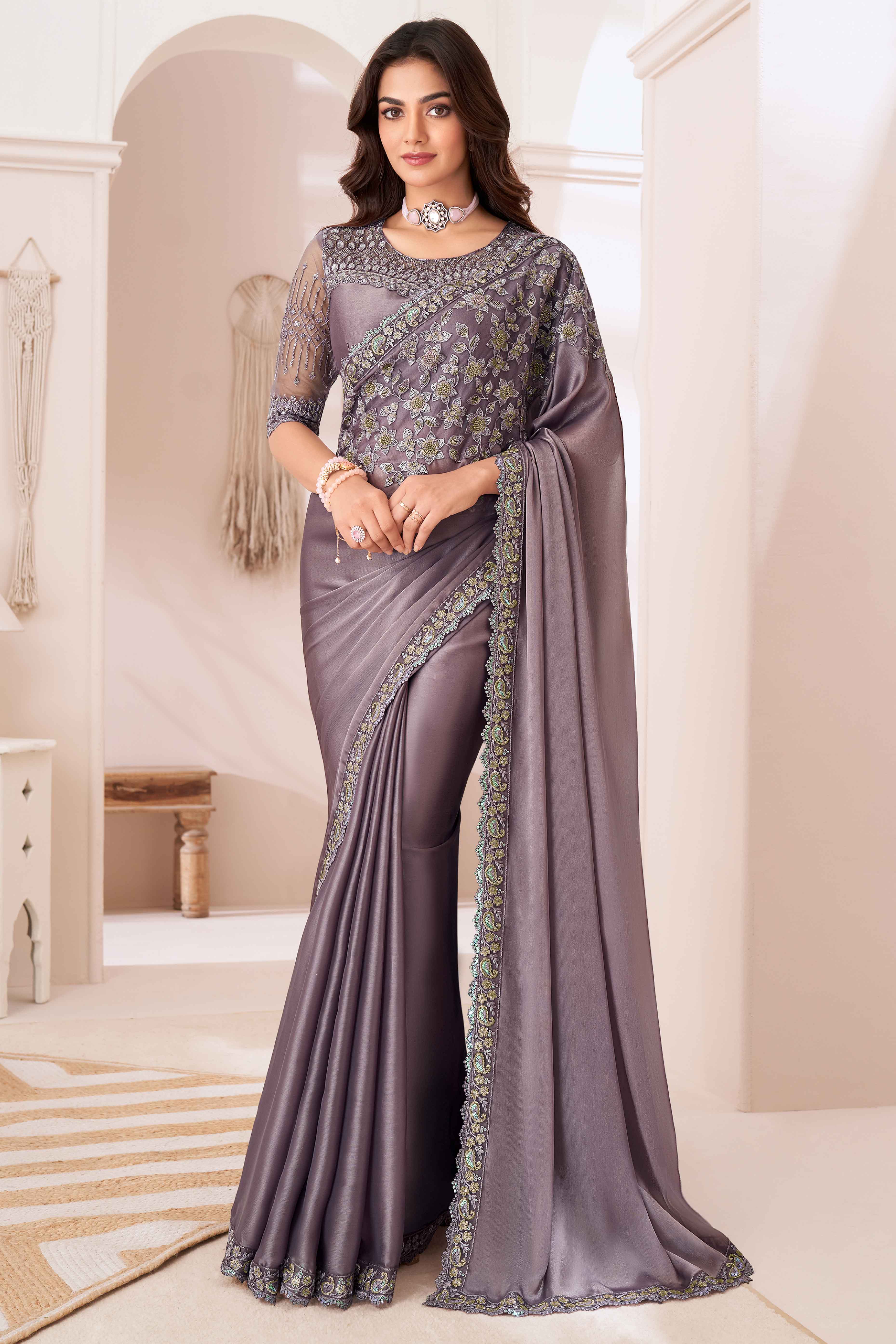 Dusty Purple Sequins Embroidered Satin Saree