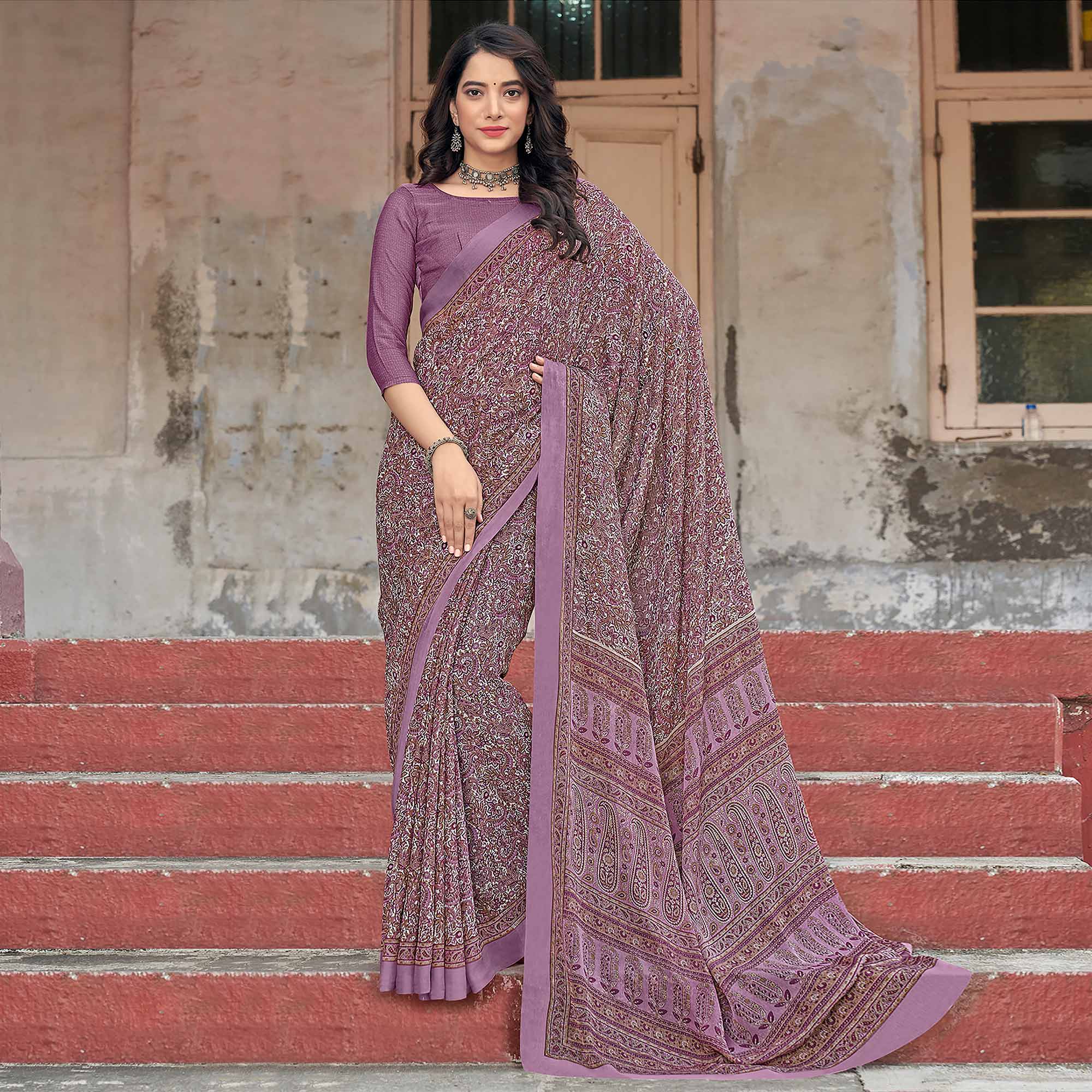 Mauve Paisley Printed Chiffon Saree