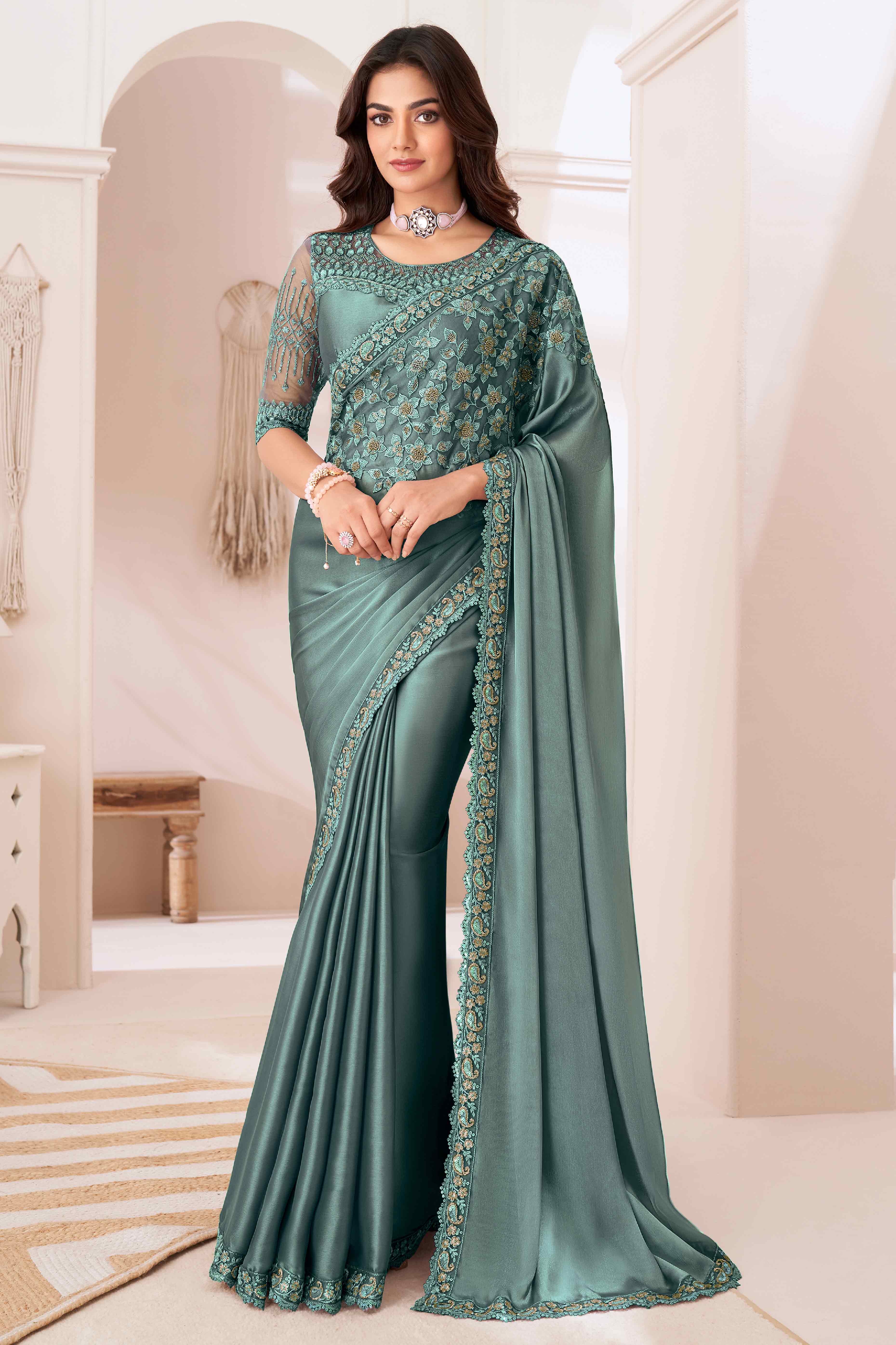 Sea Green Sequins Embroidered Satin Saree