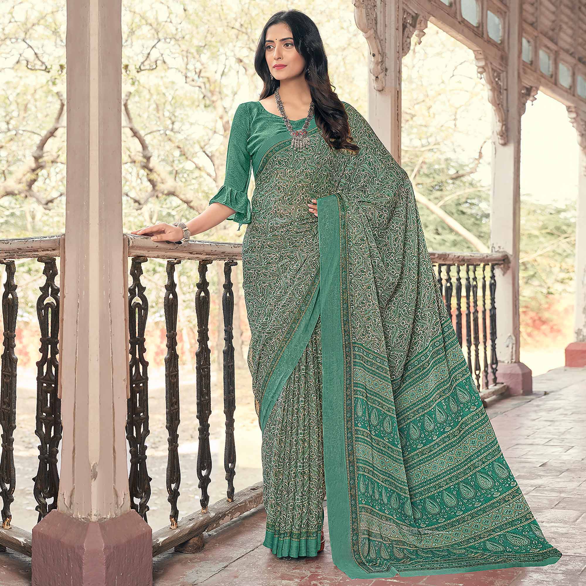 Rama Green Paisley Printed Chiffon Saree