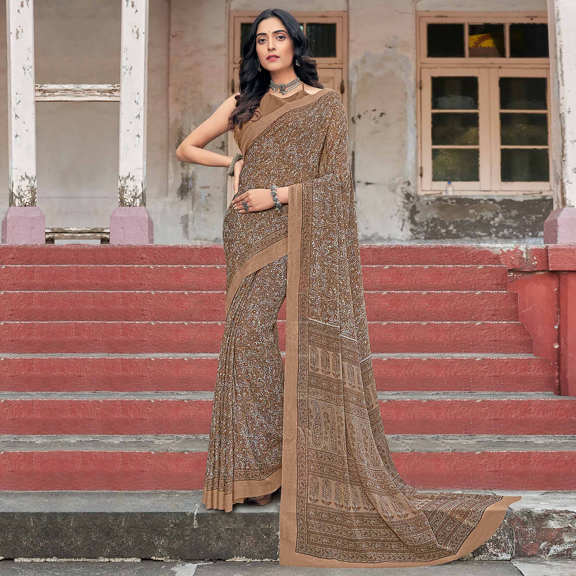 Chikoo Paisley Printed Chiffon Saree