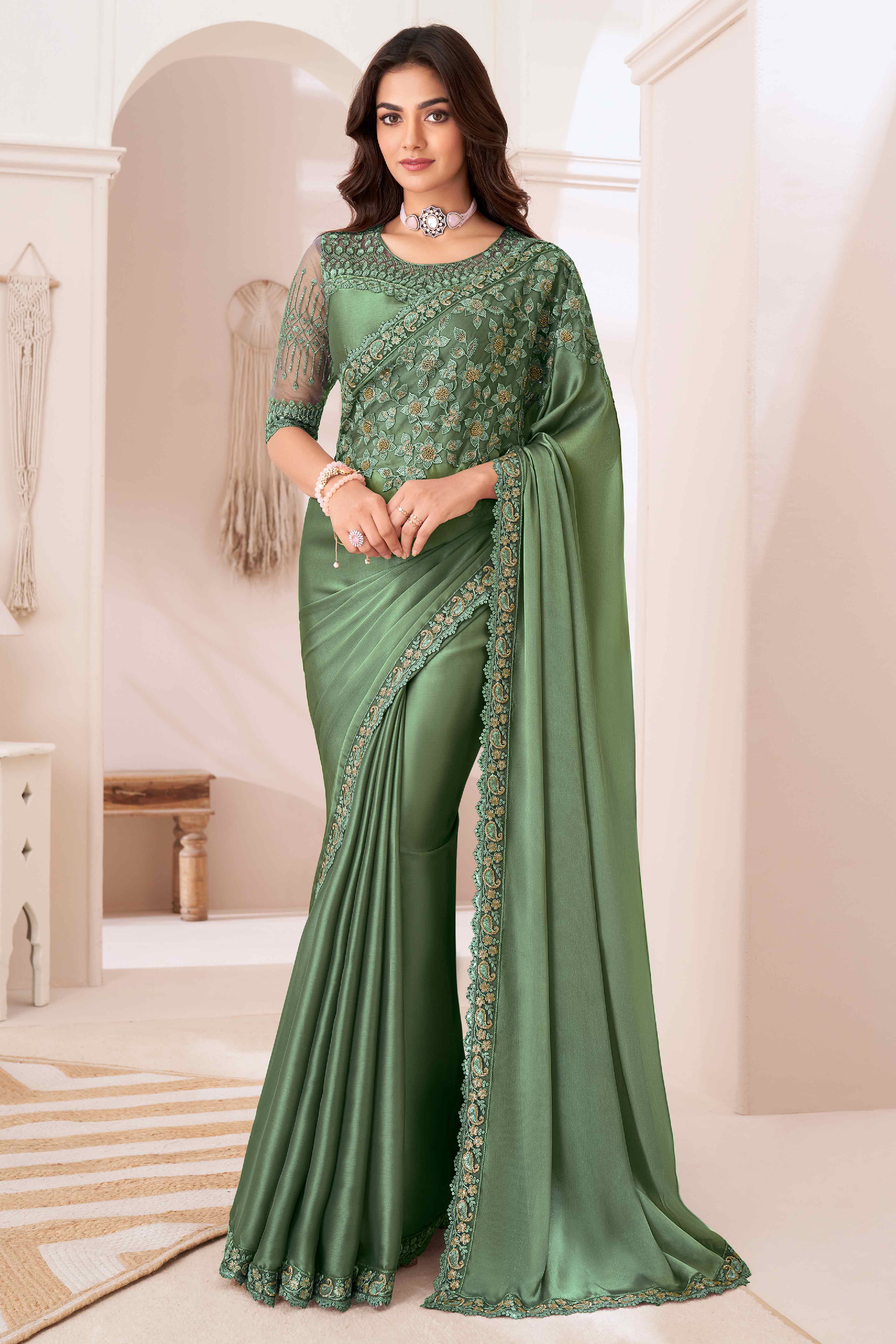 Green Sequins Embroidered Satin Saree