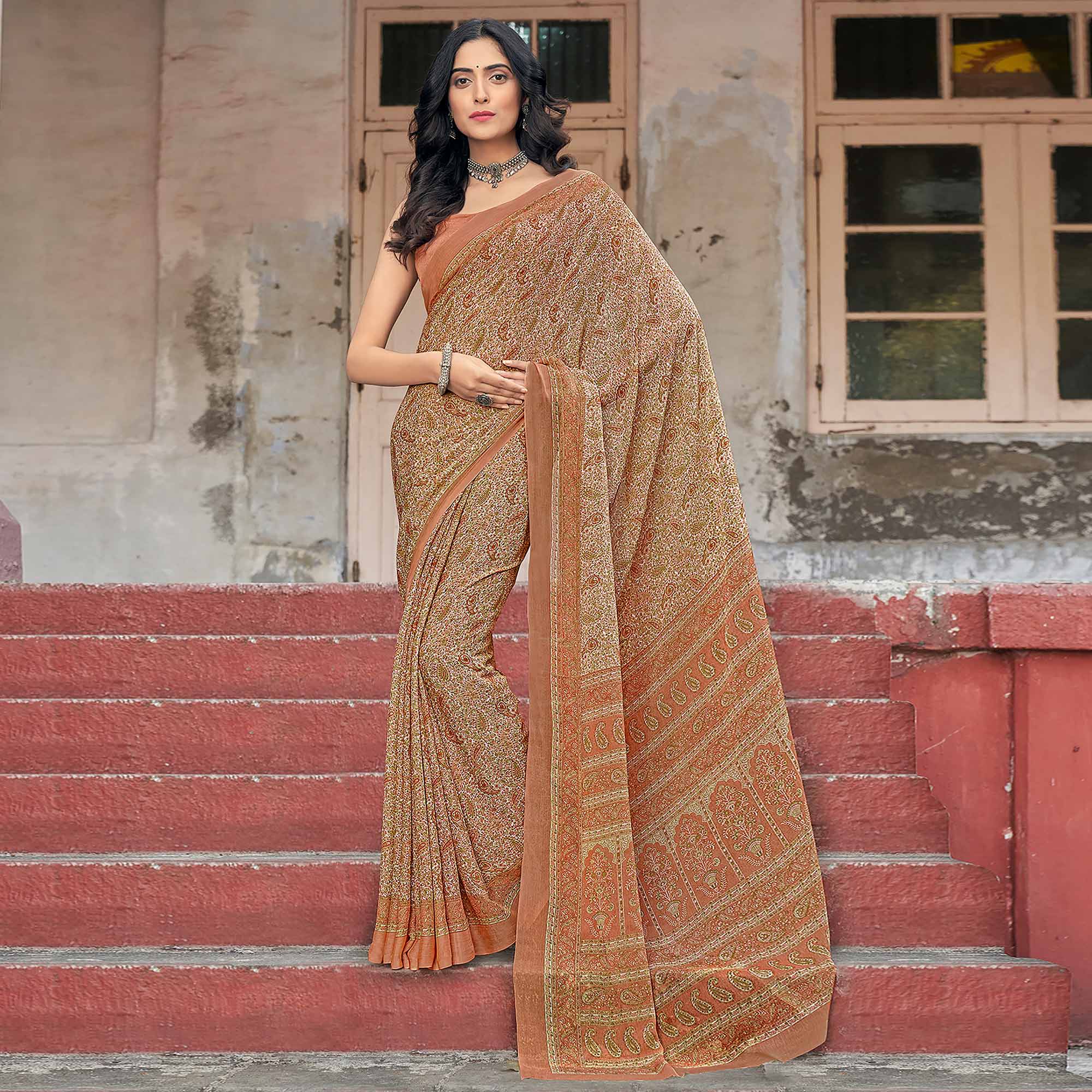 Orange Paisley Printed Chiffon Saree