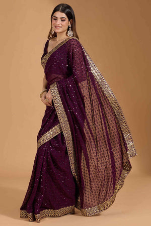 Wine Georgette Saree Accentuated with Elegant Sequin Embellishments