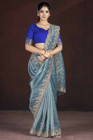 Blue Organza Saree with Embroidery on the Edges for a Graceful Contemporary Look