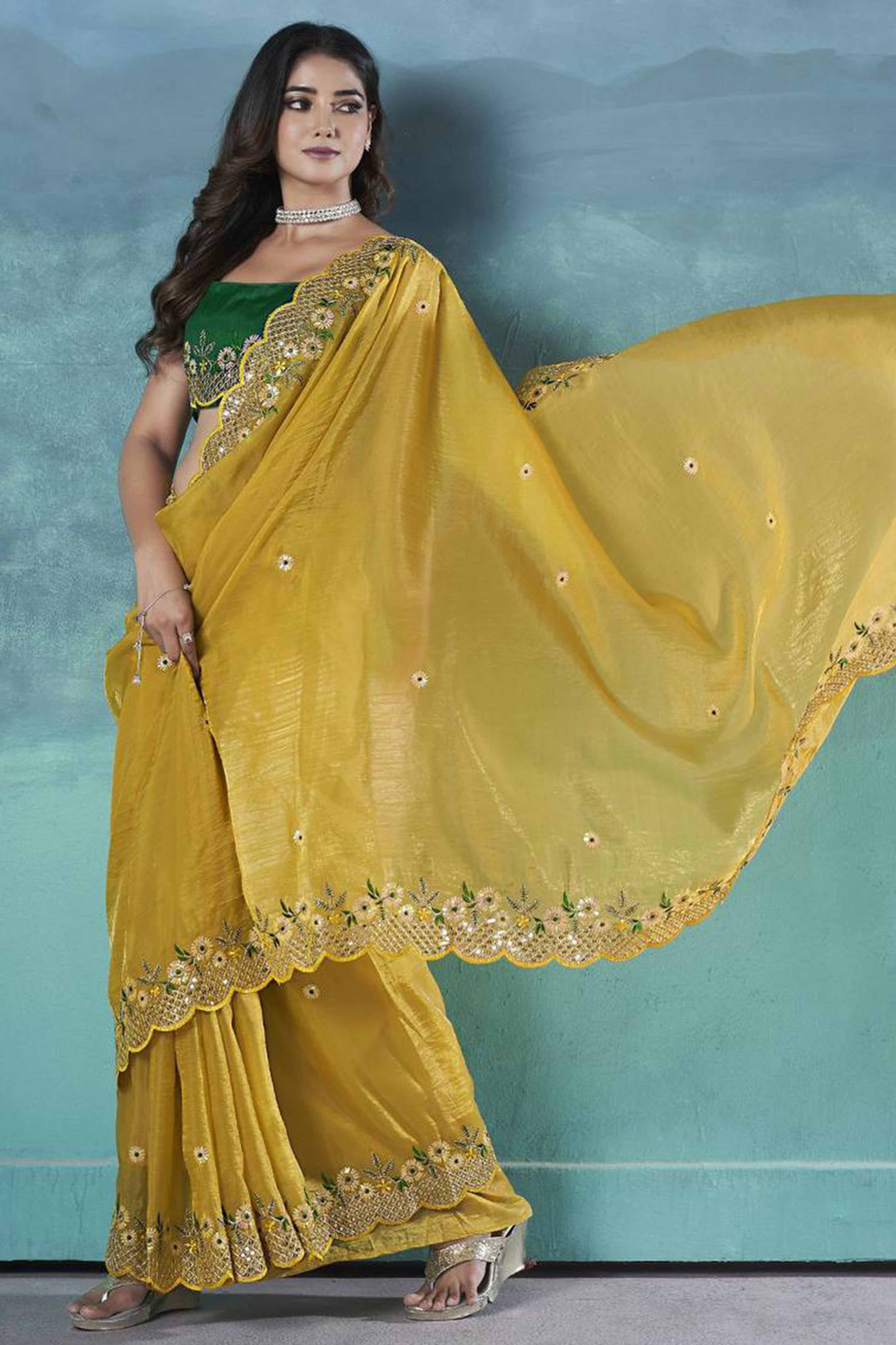 Mustard Organza Saree with Embroidery on the Edges for a Graceful Contemporary Look