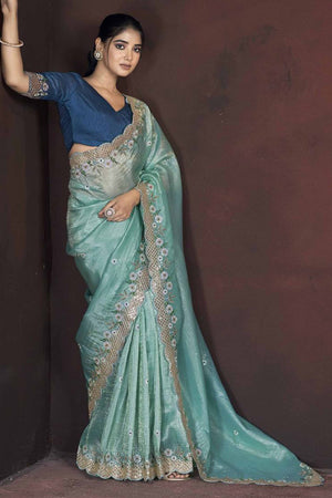 Sky Blue Organza Saree with Embroidery on the Edges for a Graceful Contemporary Look