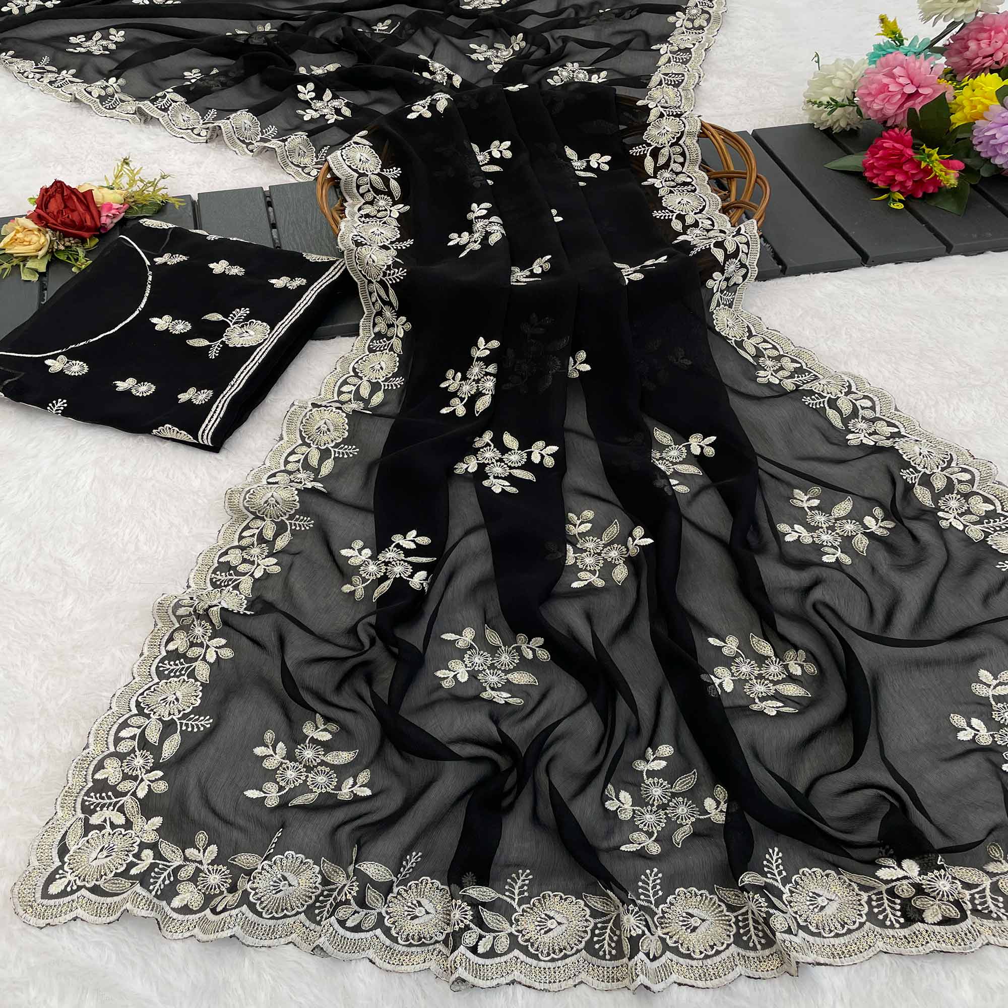 Black Shimmer Silk Saree with Graceful Floral Embroidery