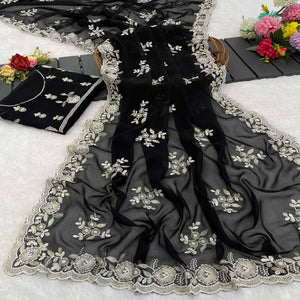 Black Shimmer Silk Saree with Graceful Floral Embroidery